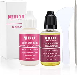 Wig Adhesive and Glue Remover Set, Invisible Waterproof MIILYE Hair Replacement Bonding Glue + Solvent, Light Hold for Lace Front Wig and Poly Hairpieces, Toupee, Cosmetic Hair Systems