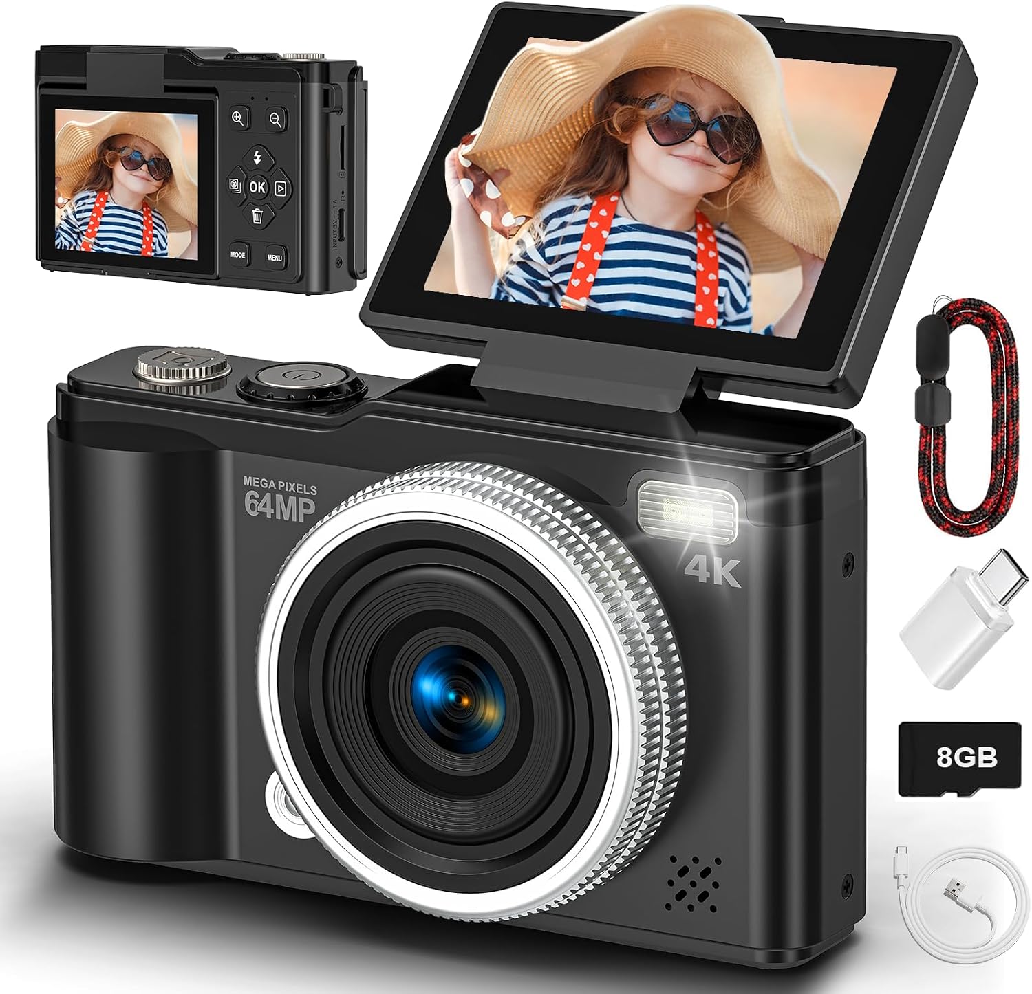 Digital camera, 4K 64MP Compact Digital Camera with Autofocus and Macro Function, 180° flip-up screen portable selfie cameras for photography and video with Micro SD Card for Beginners Teens