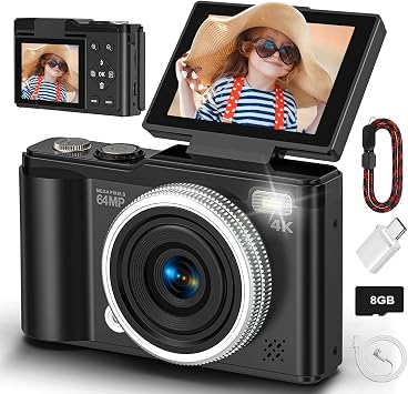 Digital camera, 4K 64MP Compact Digital Camera with Autofocus and Macro Function, 180  flip-up screen portable selfie cameras for photography and video with Micro SD Card for Beginners Teens