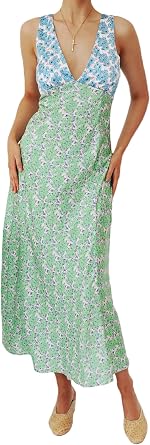 Women Floral V-Neck Maxi Dress Boho Backless Lace Trim Going Out Dress S/M/L