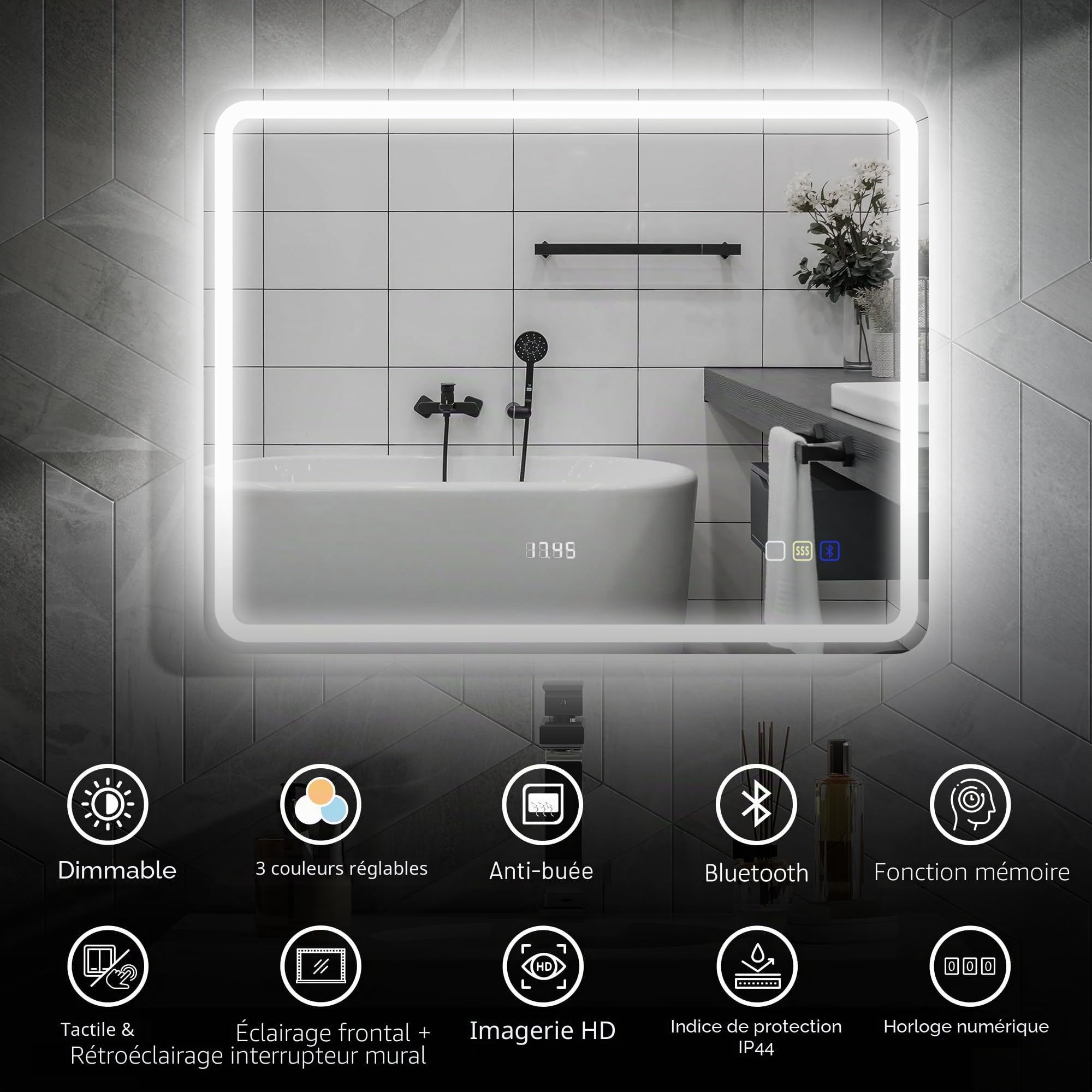 HOMCOM Miroir de Bain avec éclairage mémoire Horloge 70x90cm Argent