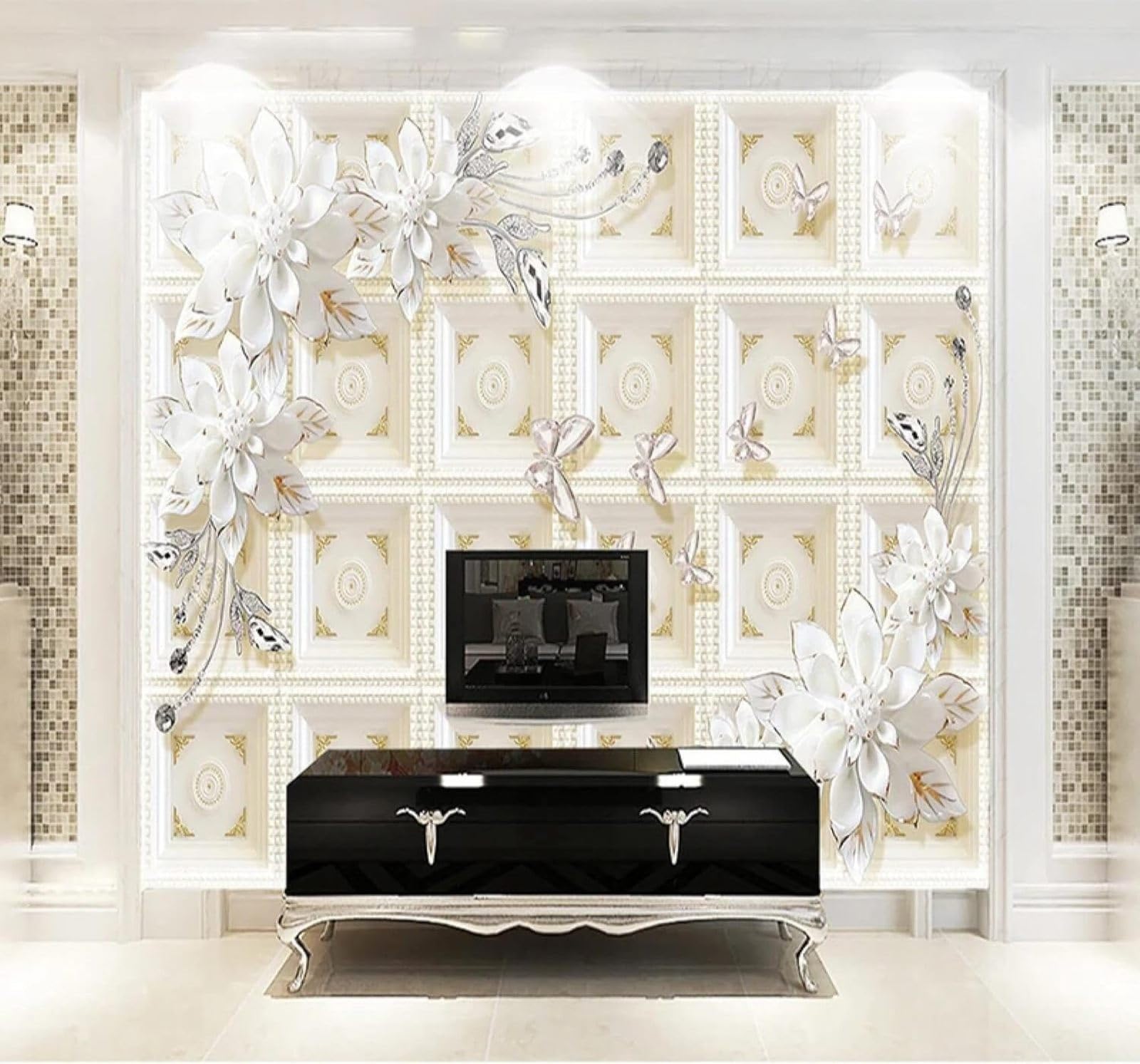 Tzxztt Relief Beautiful Floral Butterfly Pattern Modern 3D Wallpaper Premium Textured Silk Neutral Tones Material Ideal for Living Room Bedroom-250cm×170cm