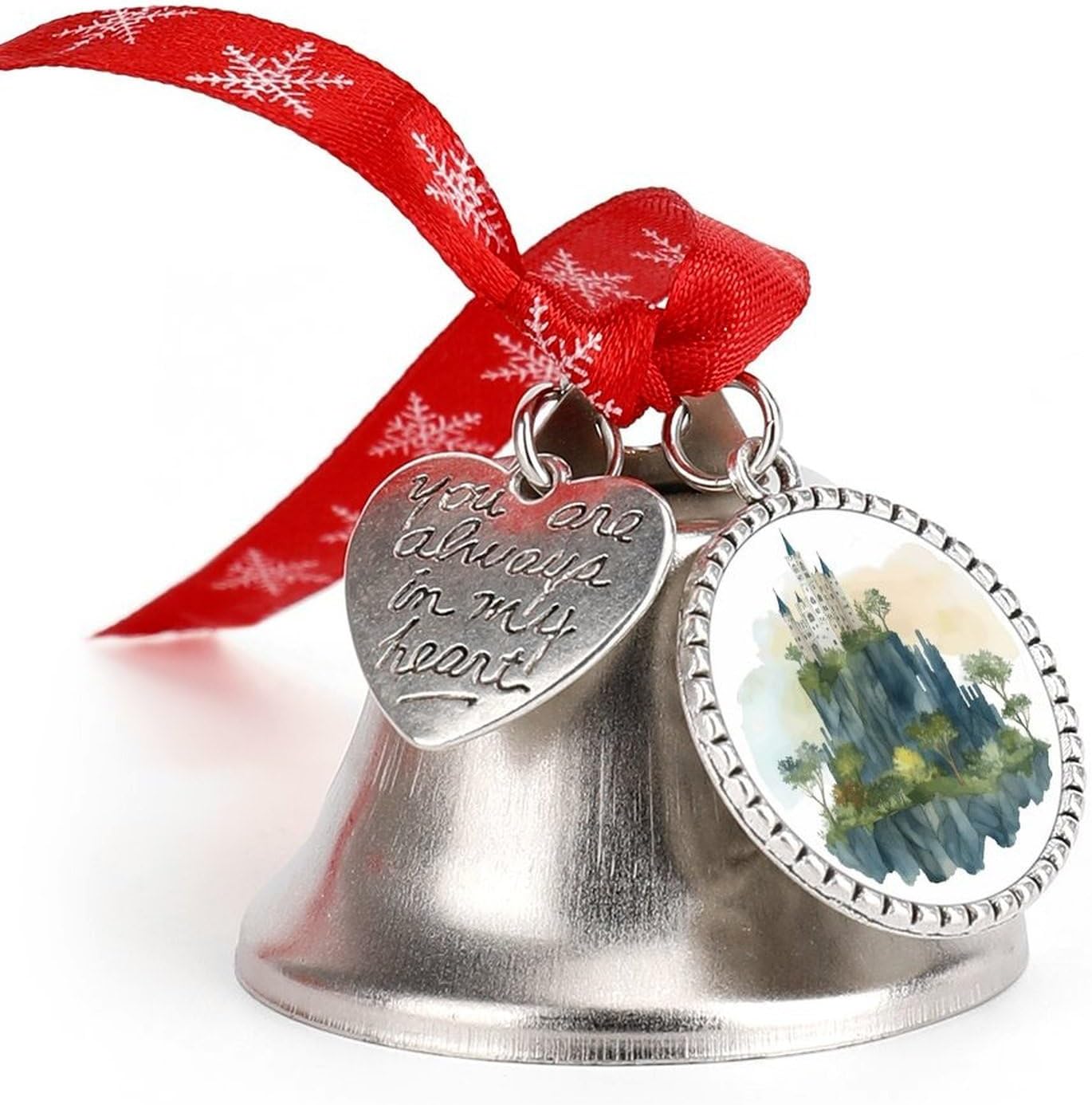 Castle and Trees Christmas Bells Ornaments with Wings & Heart Silver Bell Pendant for Christmas Tree Home Door Mantle Fireplace Decoration