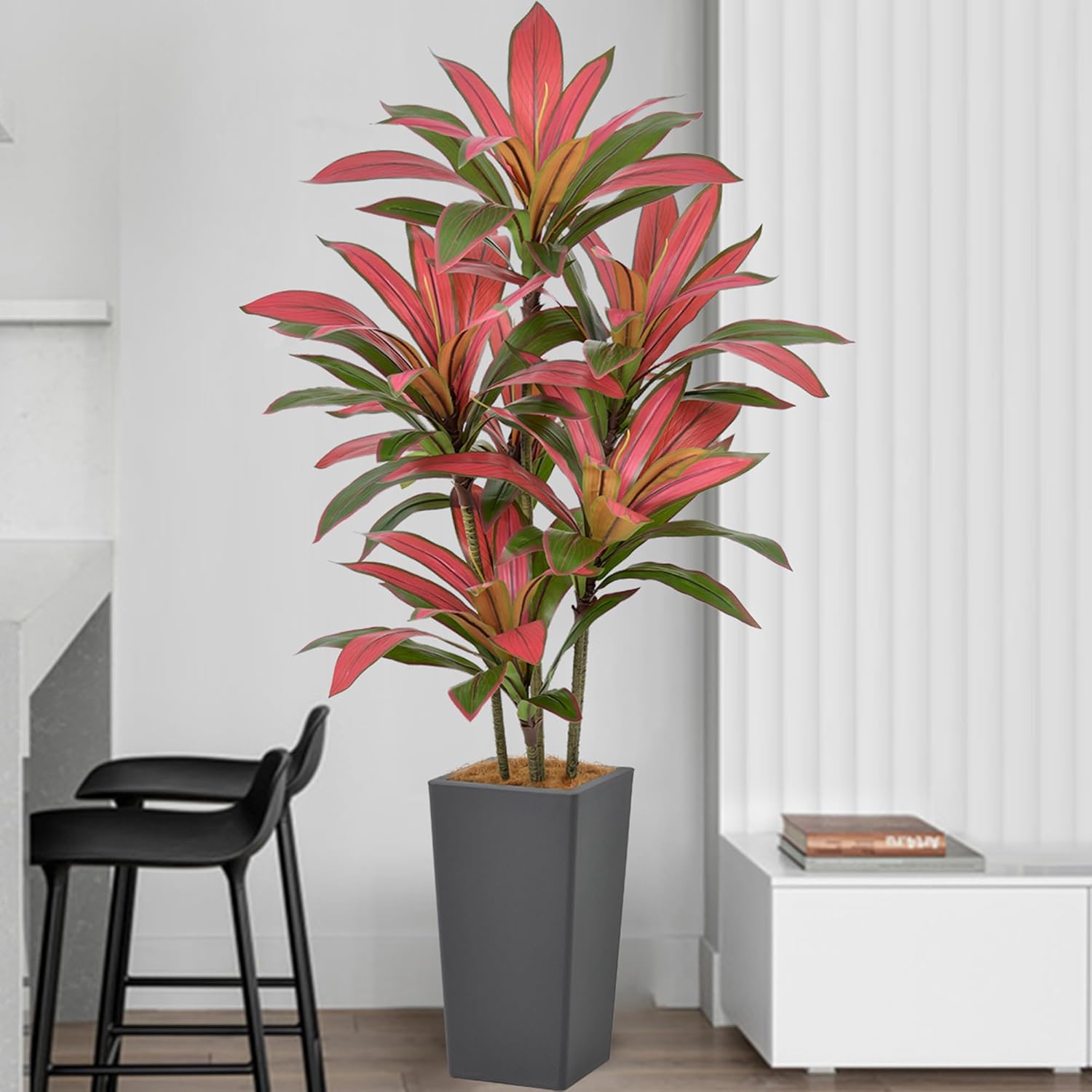 Artificial Red Dracaena Tree 5FT with 90 Leaves & 6 Heads & Gray Tall Planter Cover with Coconut Fiber Tall Faux Tropical Silk Bicolor Plant 60 Inch for Indoor Home Office Porch Mall Decor - Image 9