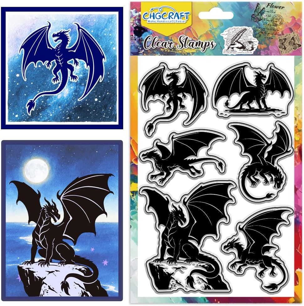 CHGCRAFT Dragon Silhouette Clear Stamps Dragon Symbol Transparent Stamps Silicone Clear Stamp Seals for Carding Making DIY Scrapbooking Photo Album Decoration, 4.3x6.3 inch