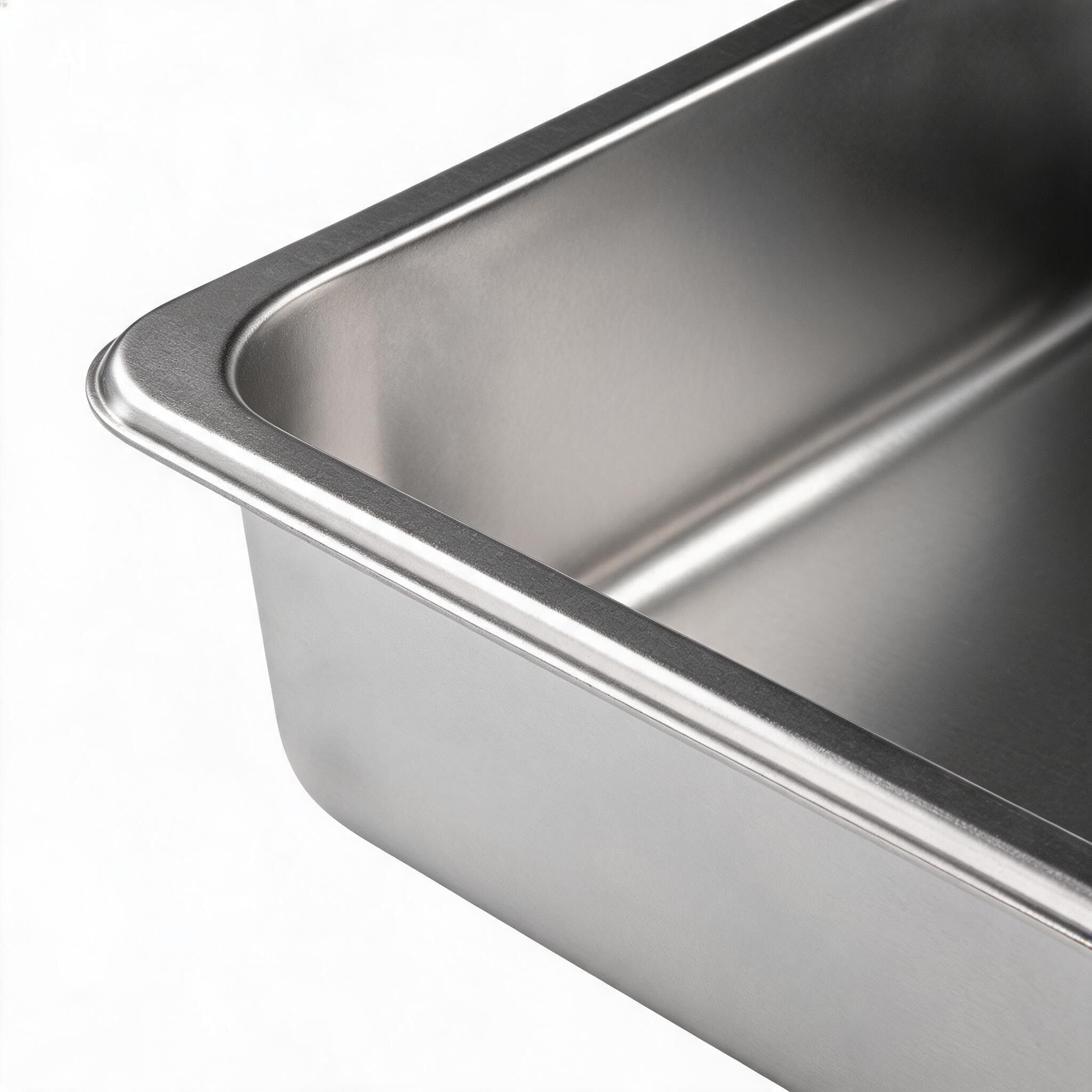 2 bandejas rectangulares de acero inoxidable para bufé, catering y servicio de alimentos con base inferior plana y borde ancho para un manejo seguro