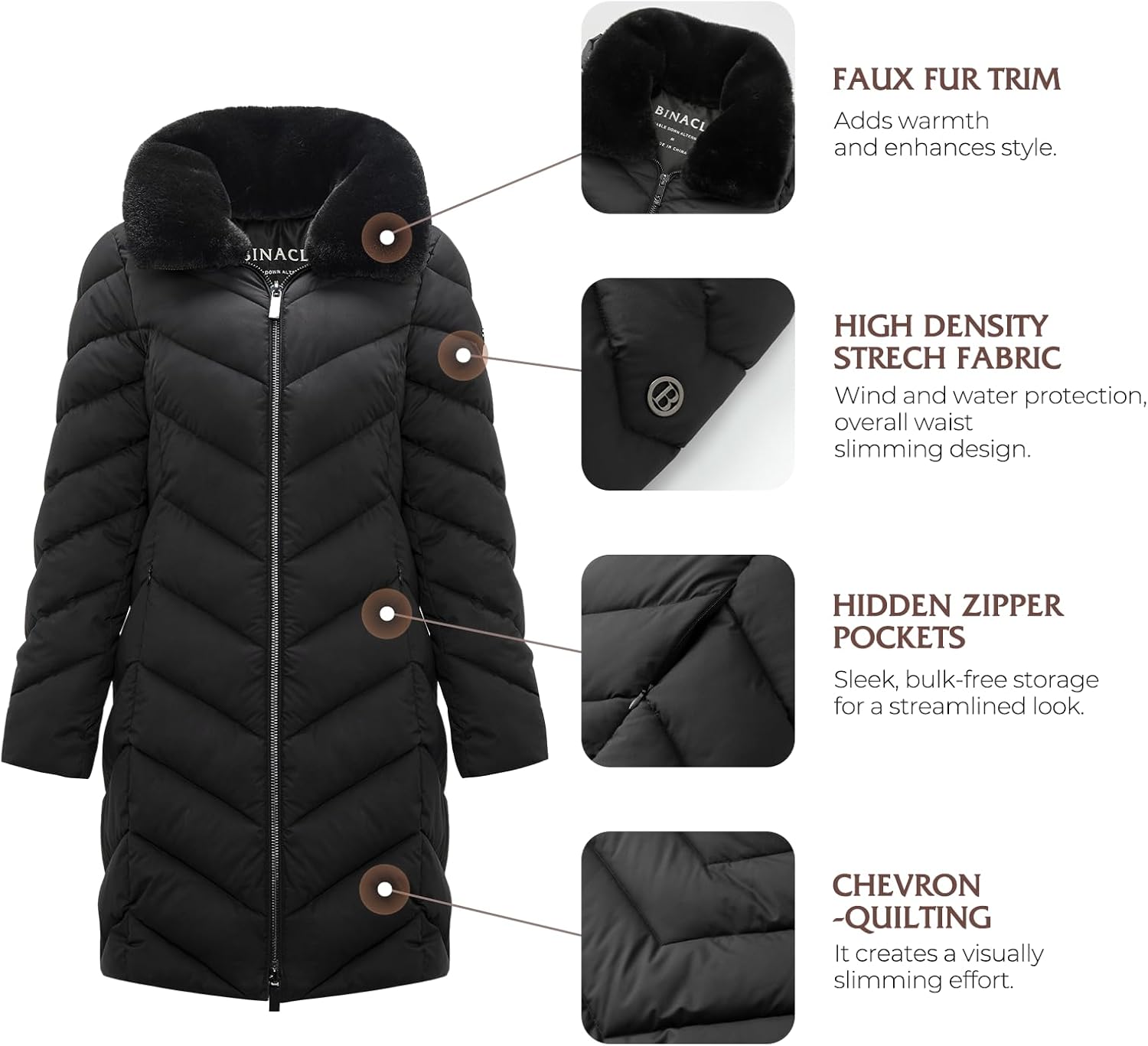 BINACL Women's Winter Coats, Thickened Warm Windproof Faux Fur & Detachable Hood Jacket, Black S-XL - Image 5