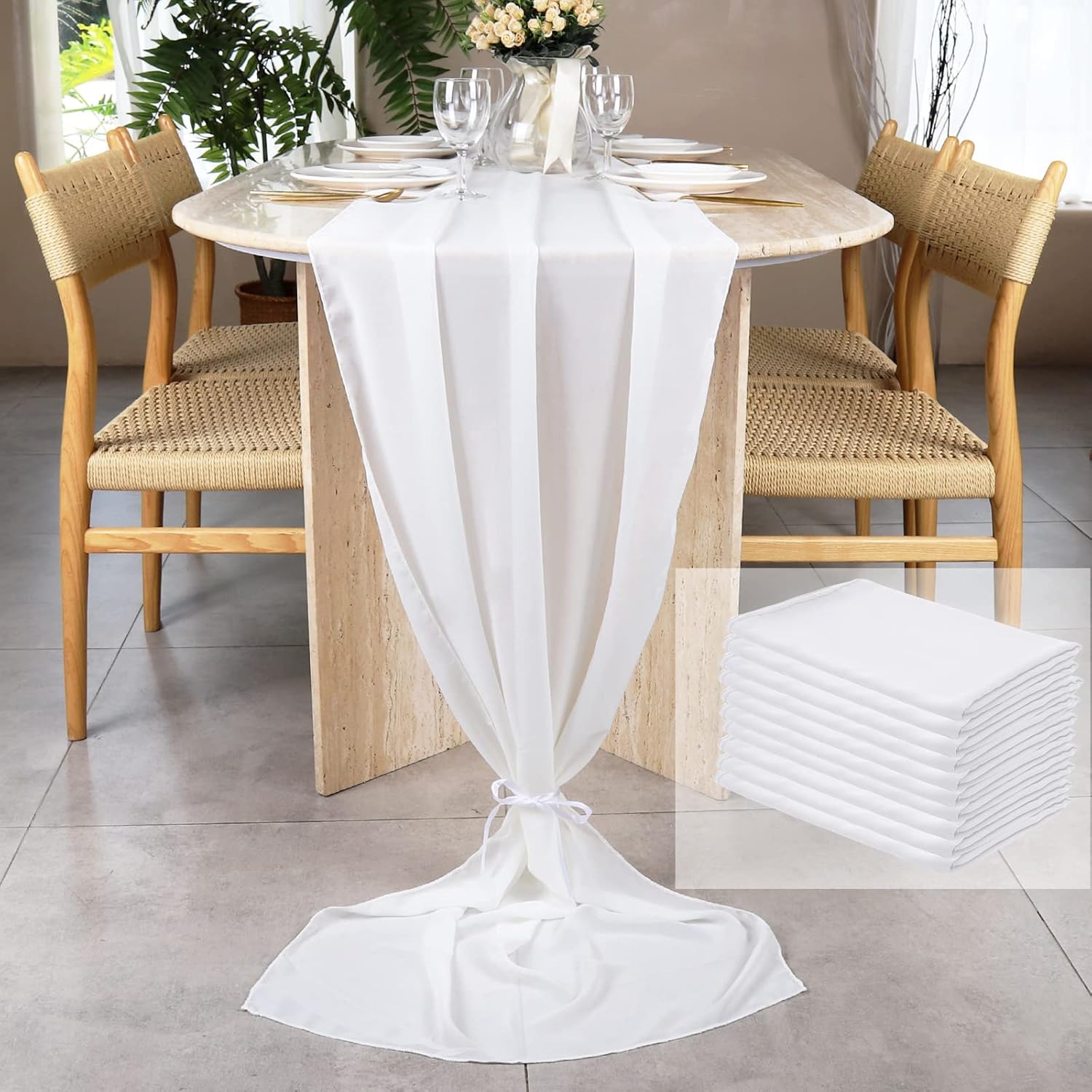 10 Pcs Ivory Chiffon Table Runner Bulk 10 Ft Sheer Wedding Runner Romantic Rustic Boho Table Runner for Wedding Party, Bridal & Baby Shower Decorations, 27x120 Inches