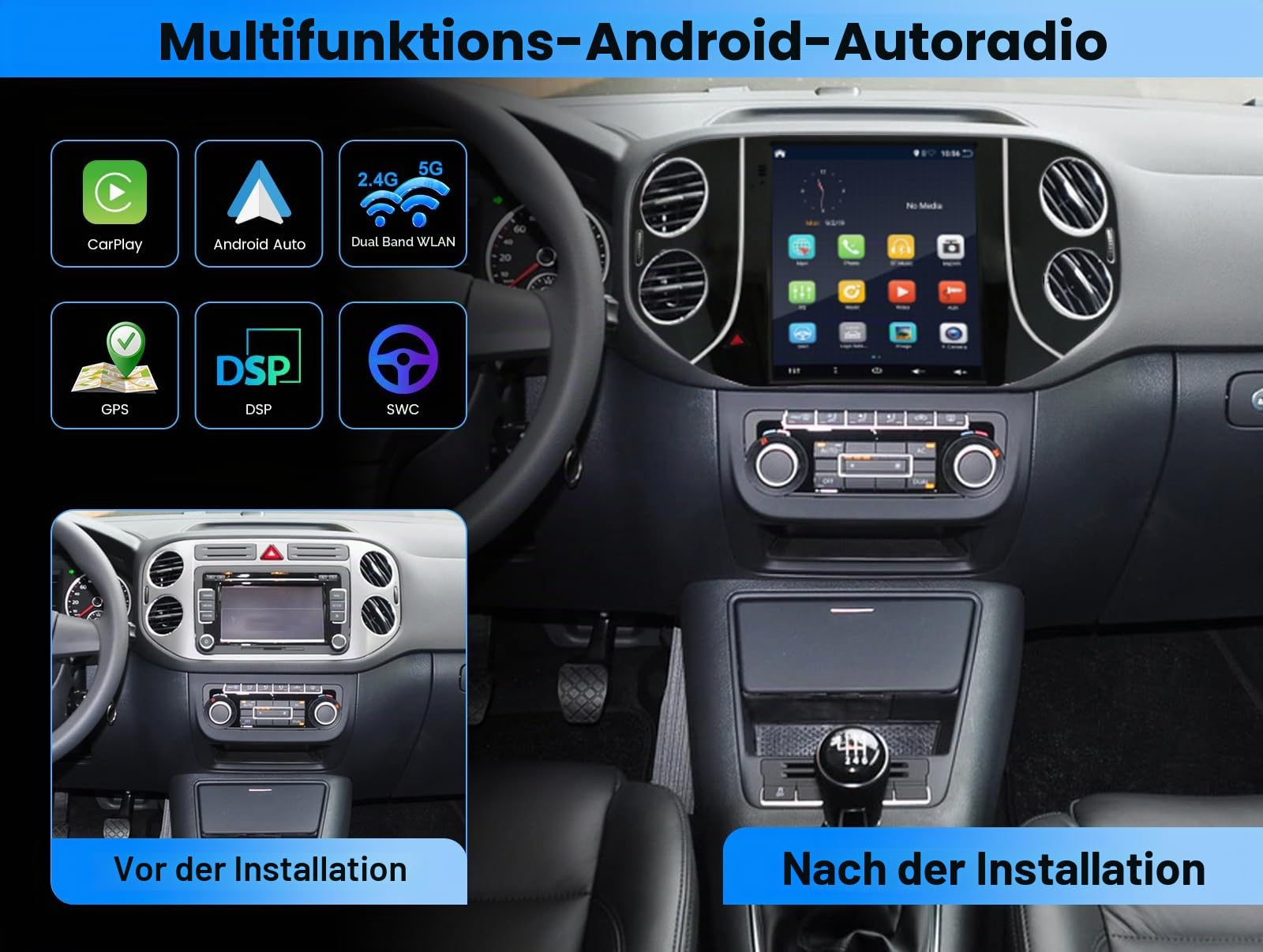 [6G+128G, Octa-Core] - Autoradio für VW Tiguan (2010-2015) Android 15 GPS Navigation Radio - DSP/Carplay/Android Auto - Kamera + MIC - 9.7 Zoll 2 Din - Lenkradsteuerung 4G WiFi DAB 360-CAM