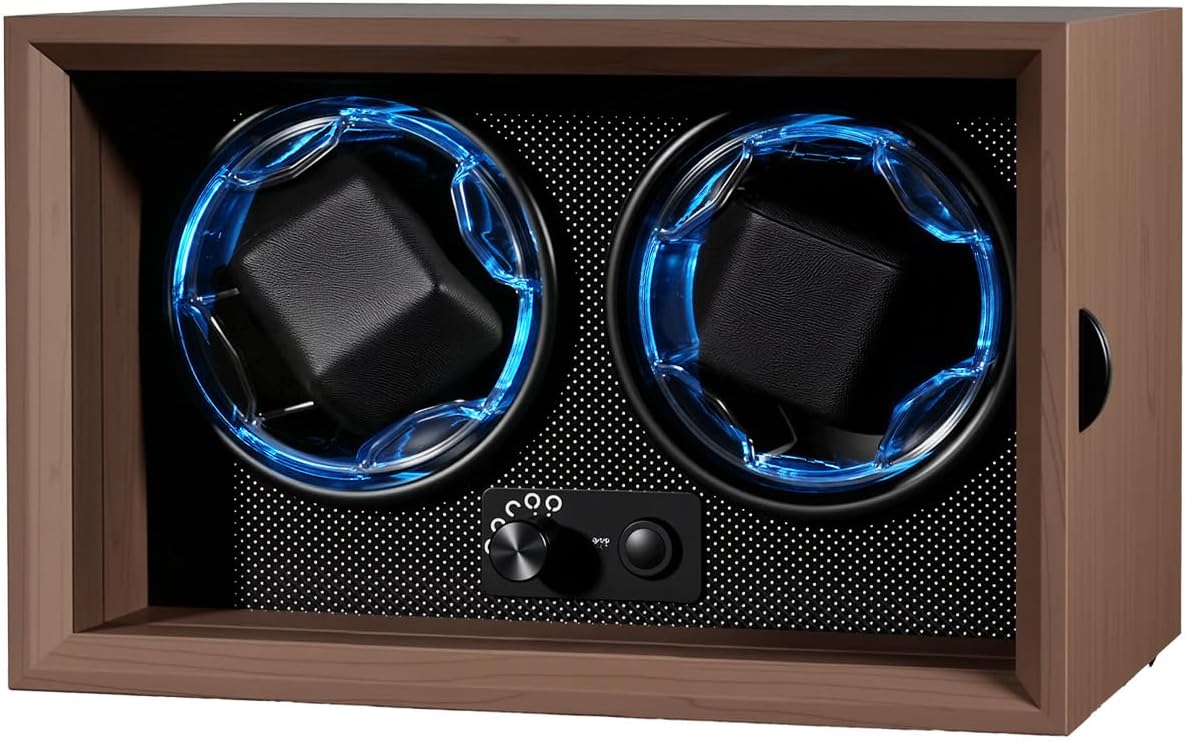 Mcbazel Dual Automatic Watch Winder with High-Elasticity Memory Foam Pillows, Ultra-Quiet Motor, Blue LED Light, 4 Rotation Modes, USB Powered Walnut Pattern Display Box for Watches