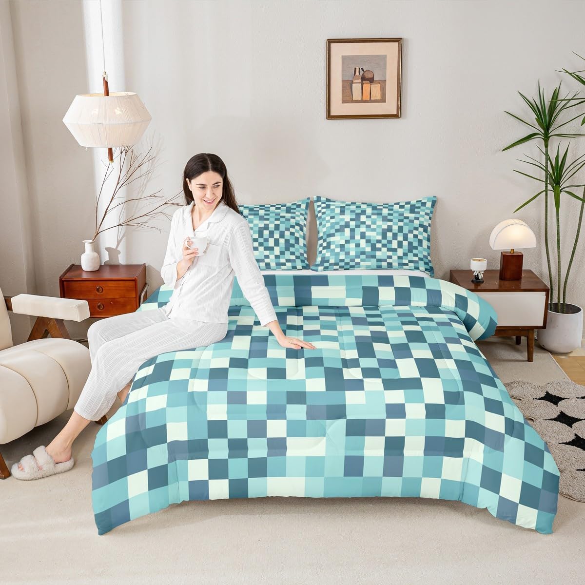 Manfei Miner Games Comforter Set Queen Size,Blue Dark Camouflage Bedding Set 3pcs,Modern Geometric Grid Games Down Comforter for All Season,Kids Boys Girls Room Decor,2 Pillowcases,No Sheets