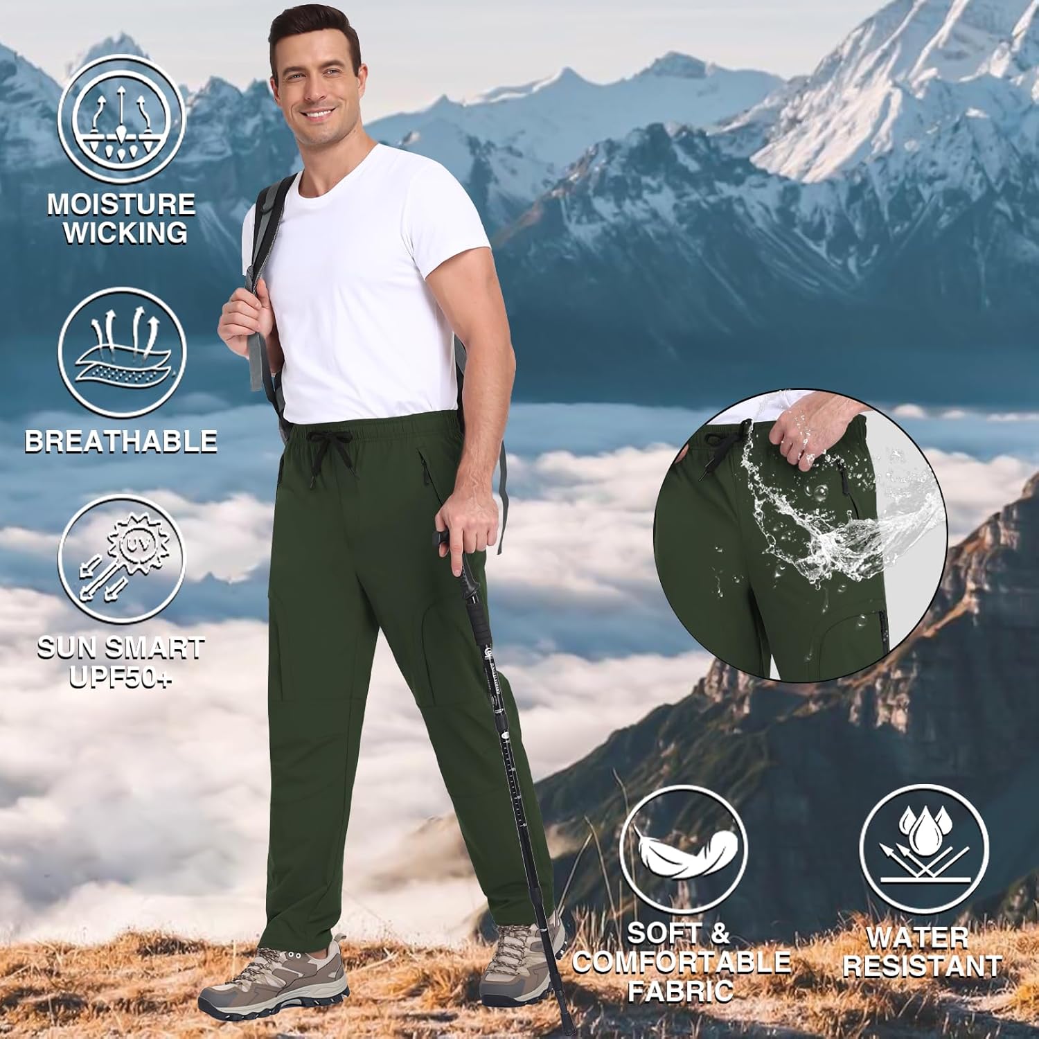 Men's Lightweight Hiking Pants with 5-Pocket Design Breathable Water-Resistant Quick Dry