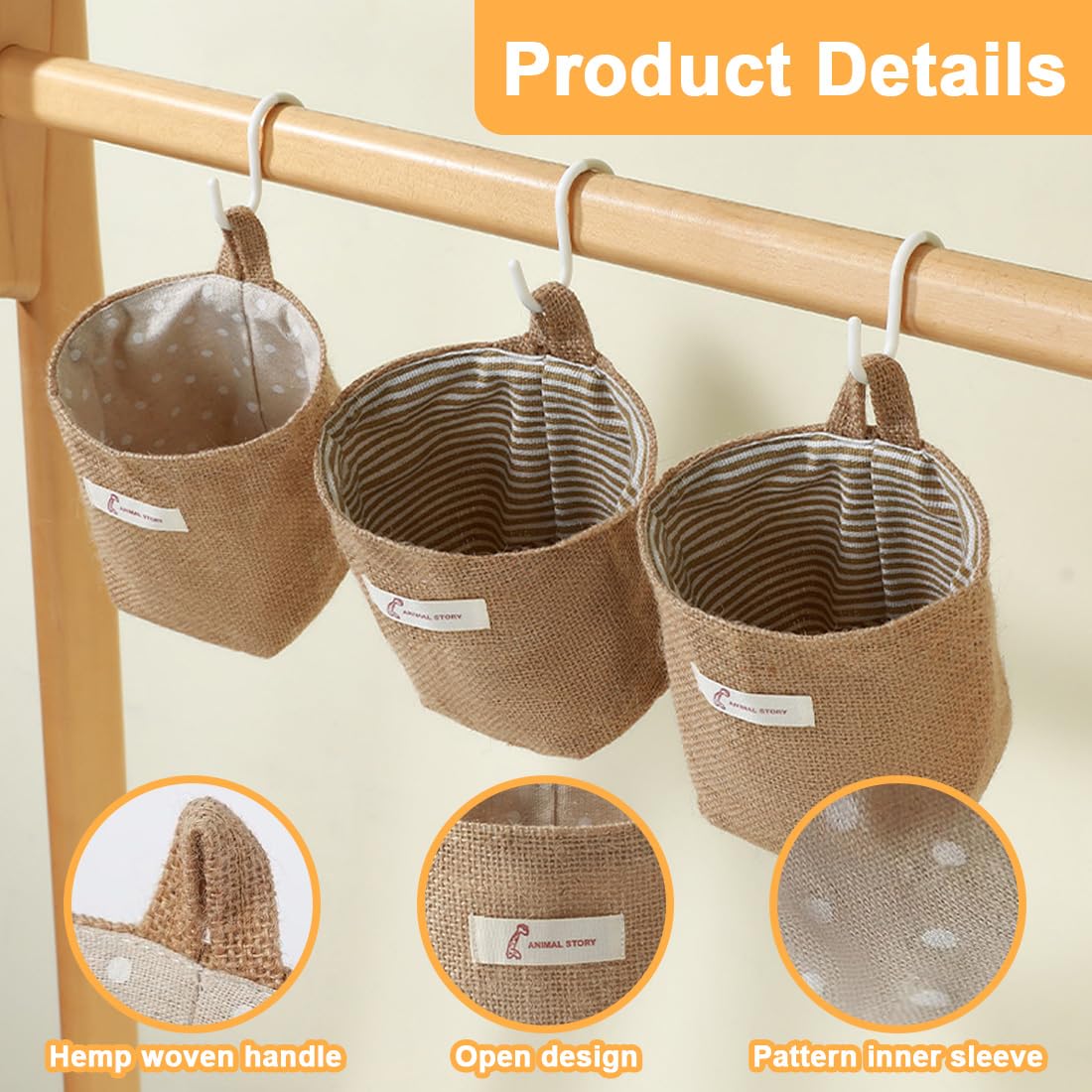 2 pcs Cesta Colgante de Algodón y Lino, Desmontable, Plegable, Lavable, Cesta Organizadora para Pared, Puerta, Habitación, Baño