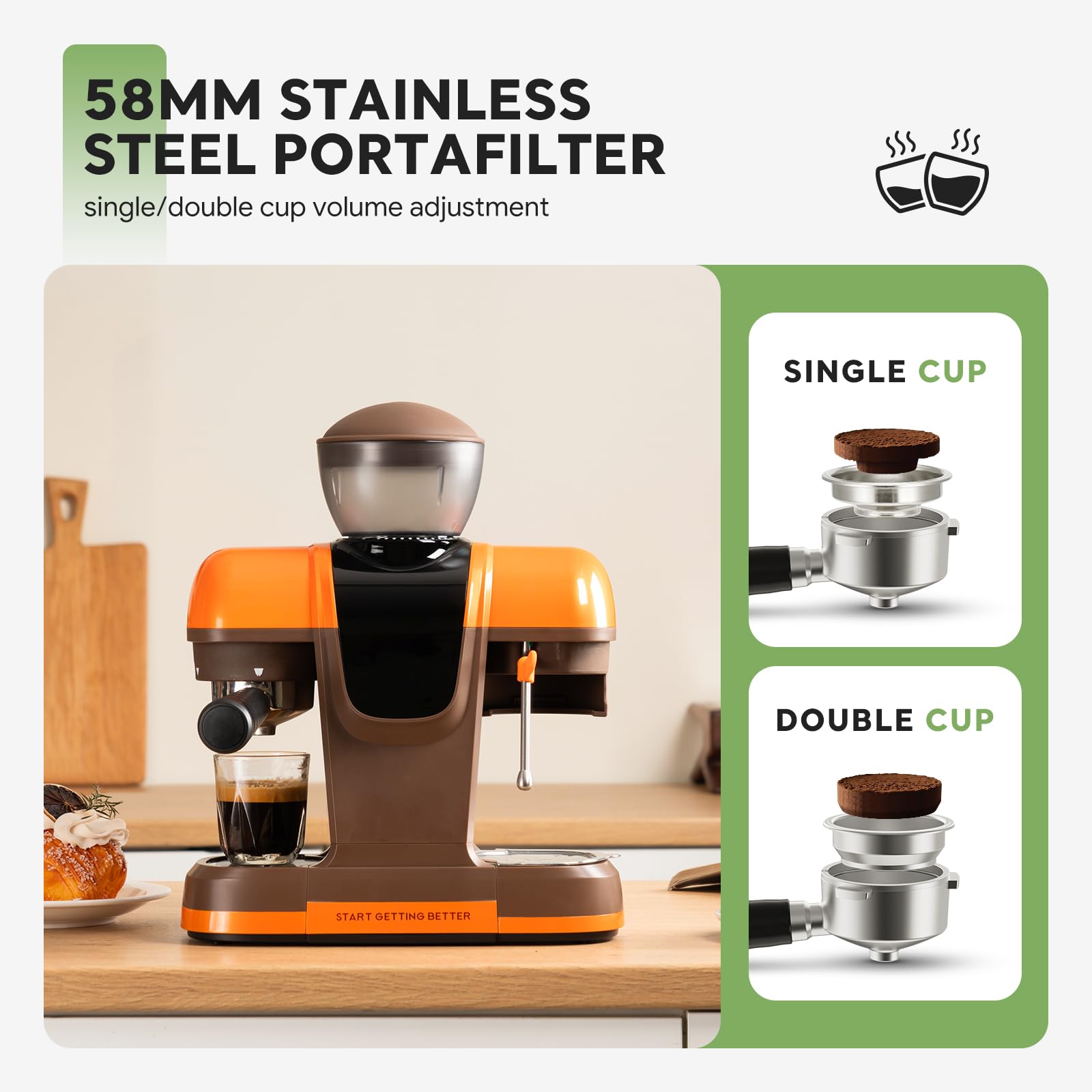 Cafetera expreso con molinillo, 20 bares, 20 grados de molienda, pantalla táctil, espumador de leche, recipiente de granos de 220 g, depósito de agua de 800 ml, filtro de café y café expreso