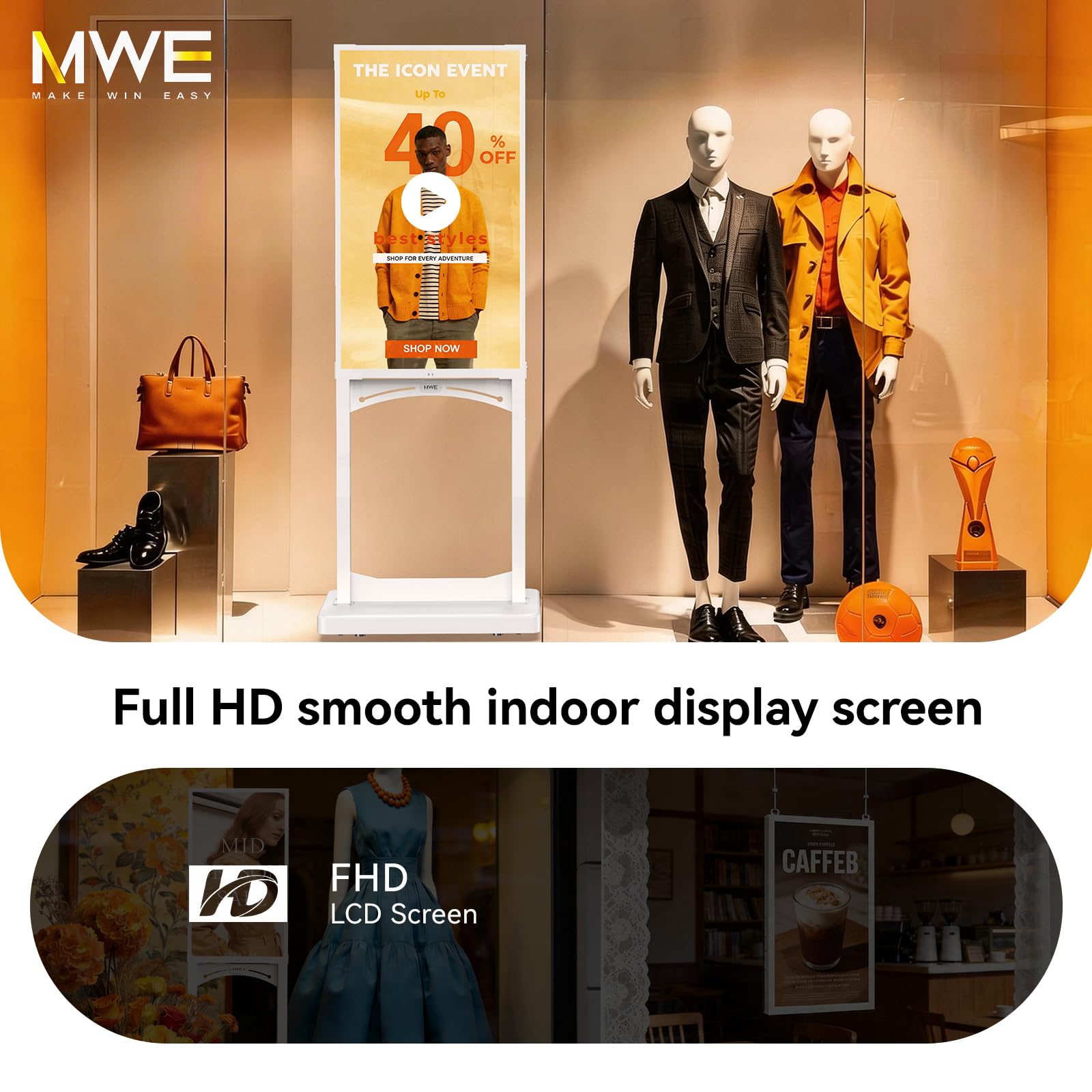 MWE Digitaler Kundenstopper mit Rollen,1000nit Digitale Werbetafel, Digital Signage Display für Fensterwerbung, Stand Up LCD Werbescreen für Werbedisplay, Mieten & Verkauf (43 Zoll)