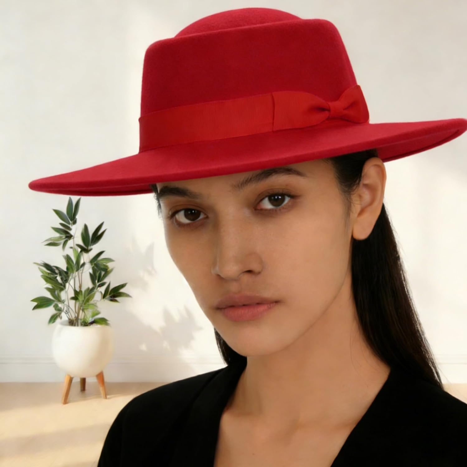 Wide Brimmed Fedora Hats with Bow Belted, Flat Top British Style Vintage Panama Felt Cap, Flat Brimmed Jazz Hat
