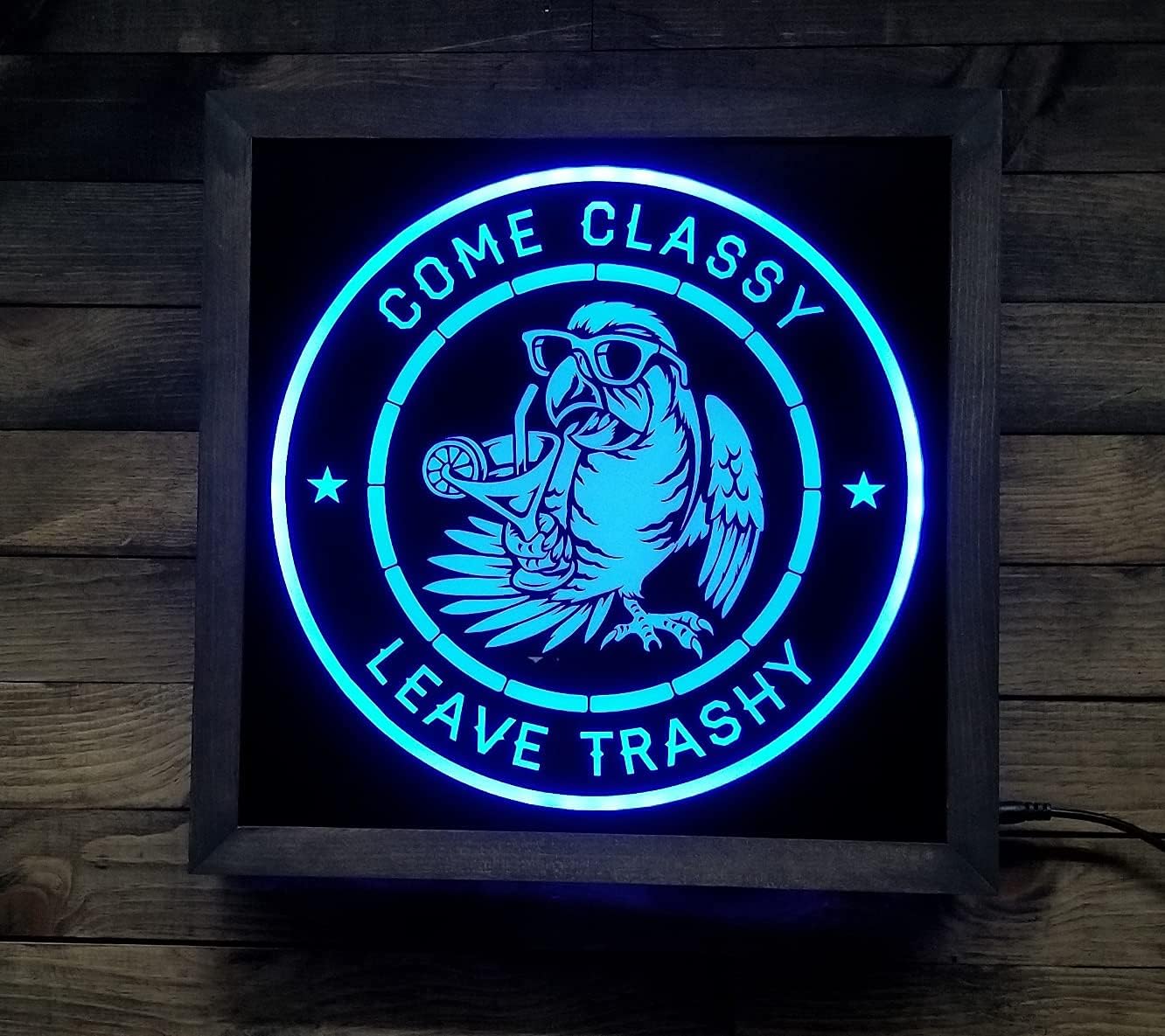 Bones & Smoke Co - Personalized Parrot Bar Light – “Come Classy, Leave Trashy” Design – Custom Name and Year – 12x12 Wood Frame RGB Remote Control Sign – Funny Tropical, Beach, or Tiki Bar Gift