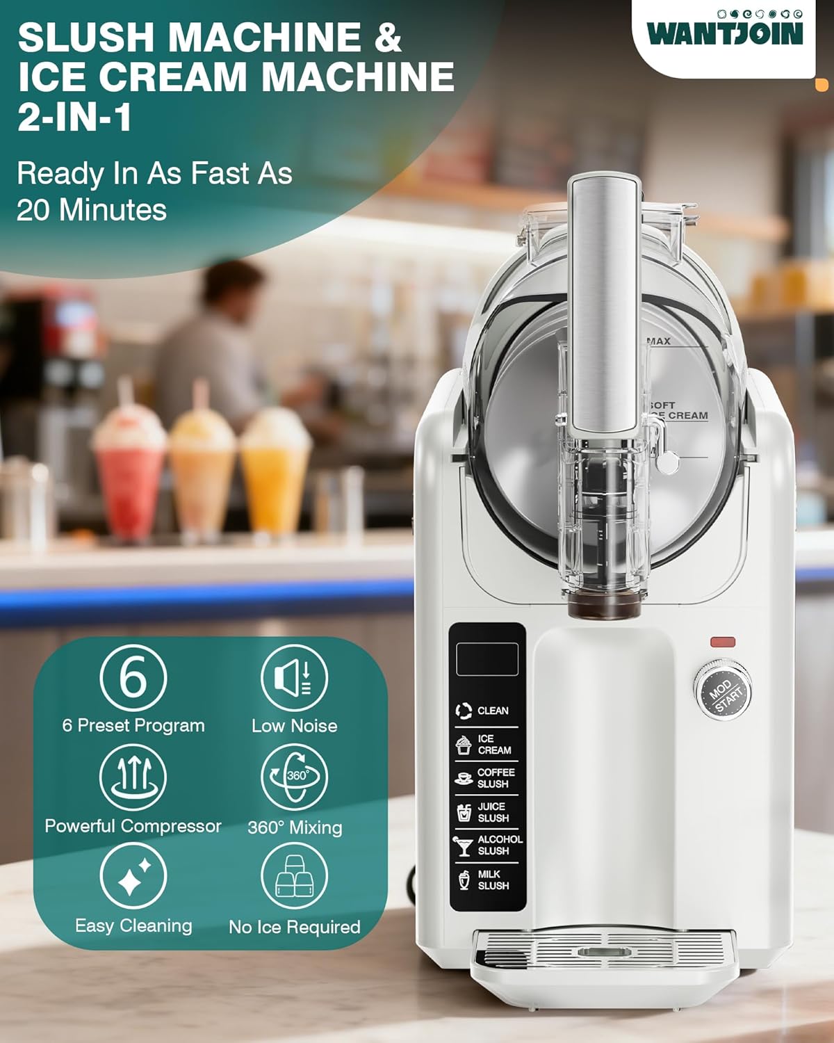 WantJoin 2-in-1 Slushie Machine with feature icons
