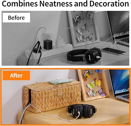 Miniatura 2 de Caja de organización de cables, organizador de cables decorativo de jacinto de agua tejido a mano, 2 ranuras laterales abiertas, caja de cables de