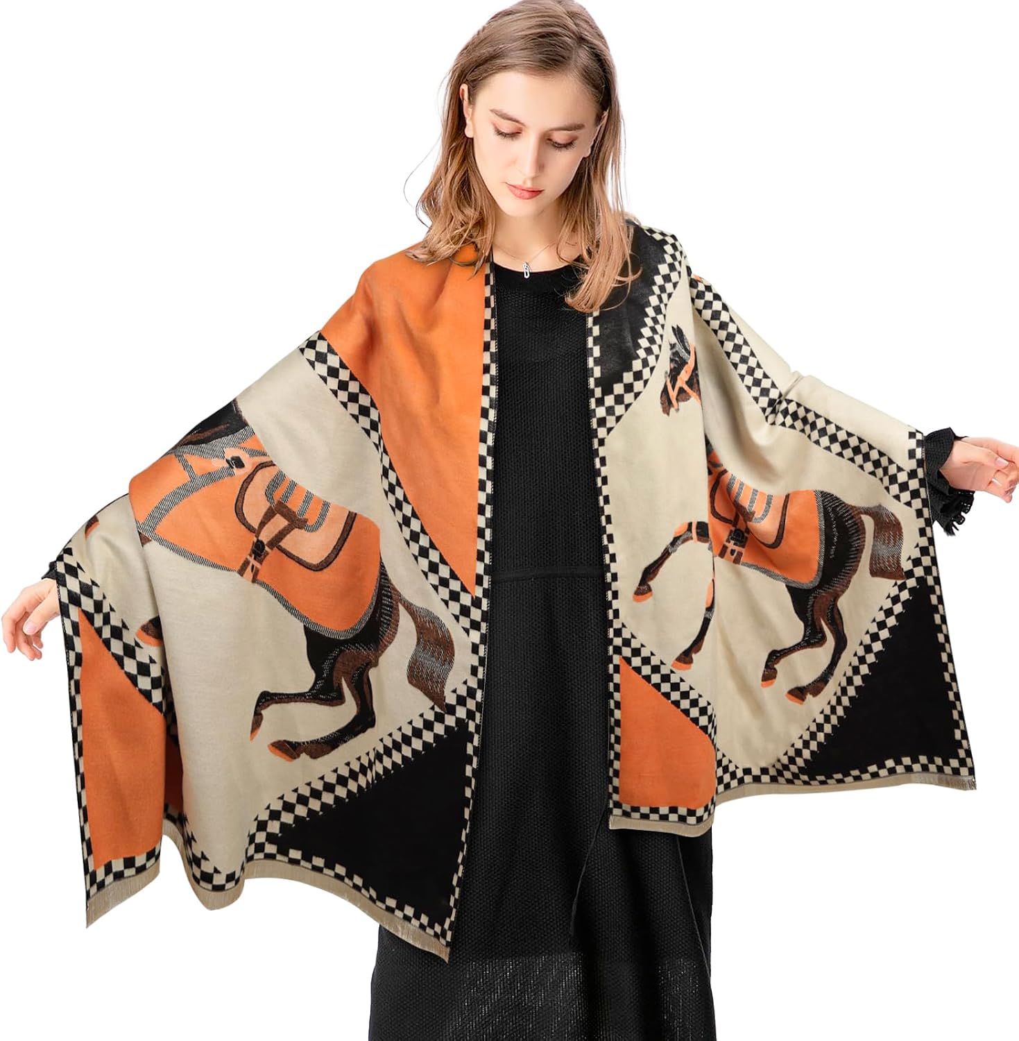 EXTREE Scarfs for Women Pashmina Silky Shawl Wrap for Evening Dressing Blanket Open Front Poncho Cape, Petite, Aae-milk Yellow-orange-horse