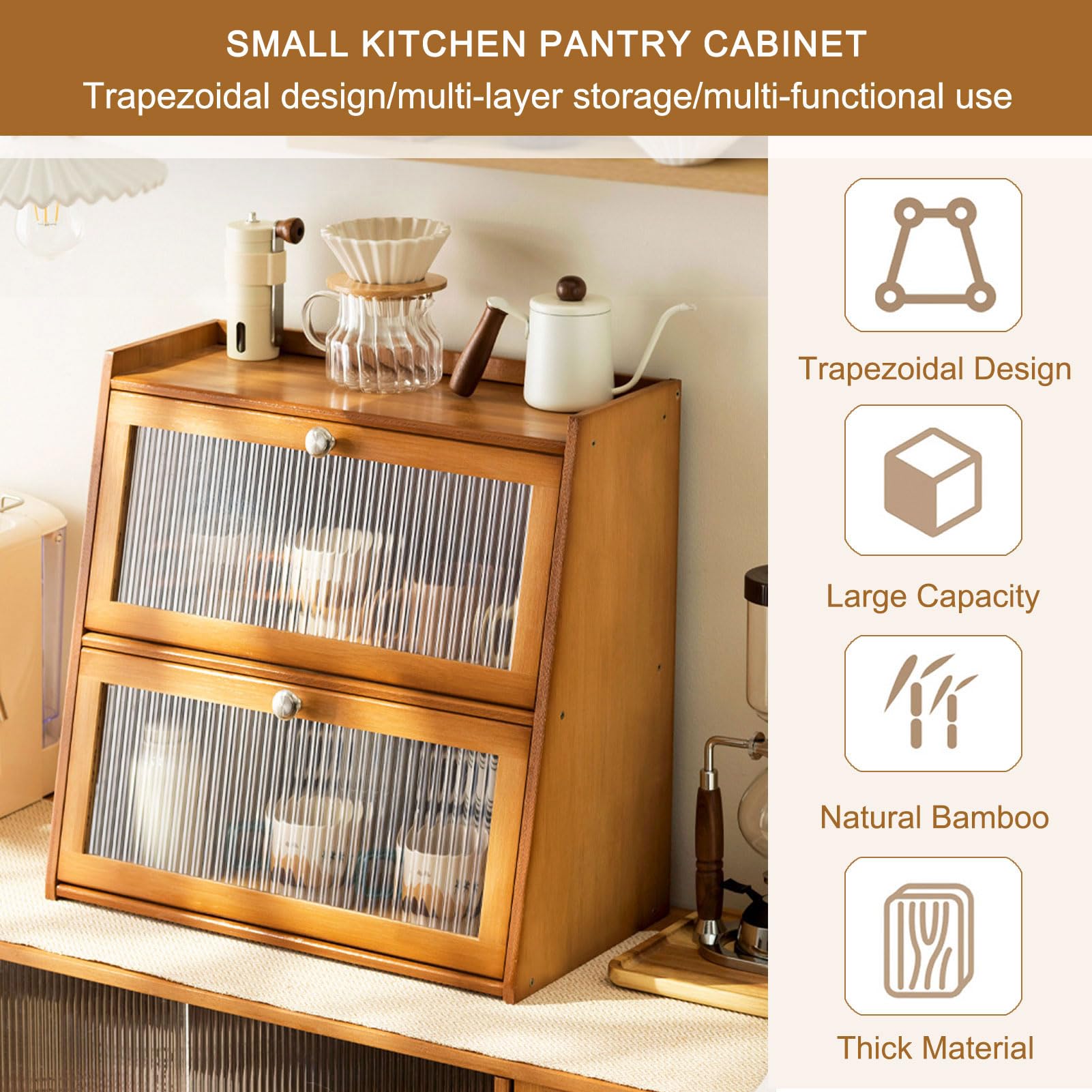 Kleiner Bambus Schrank Küche Speisekammer Anrichte mit Flip-Top-Tür, Speisekammer Arbeitsplatte Lagerung Schrank für Gewürze Gewürzflaschen Schüssel Lebensmittel,Braun,40×27cm/16×11in