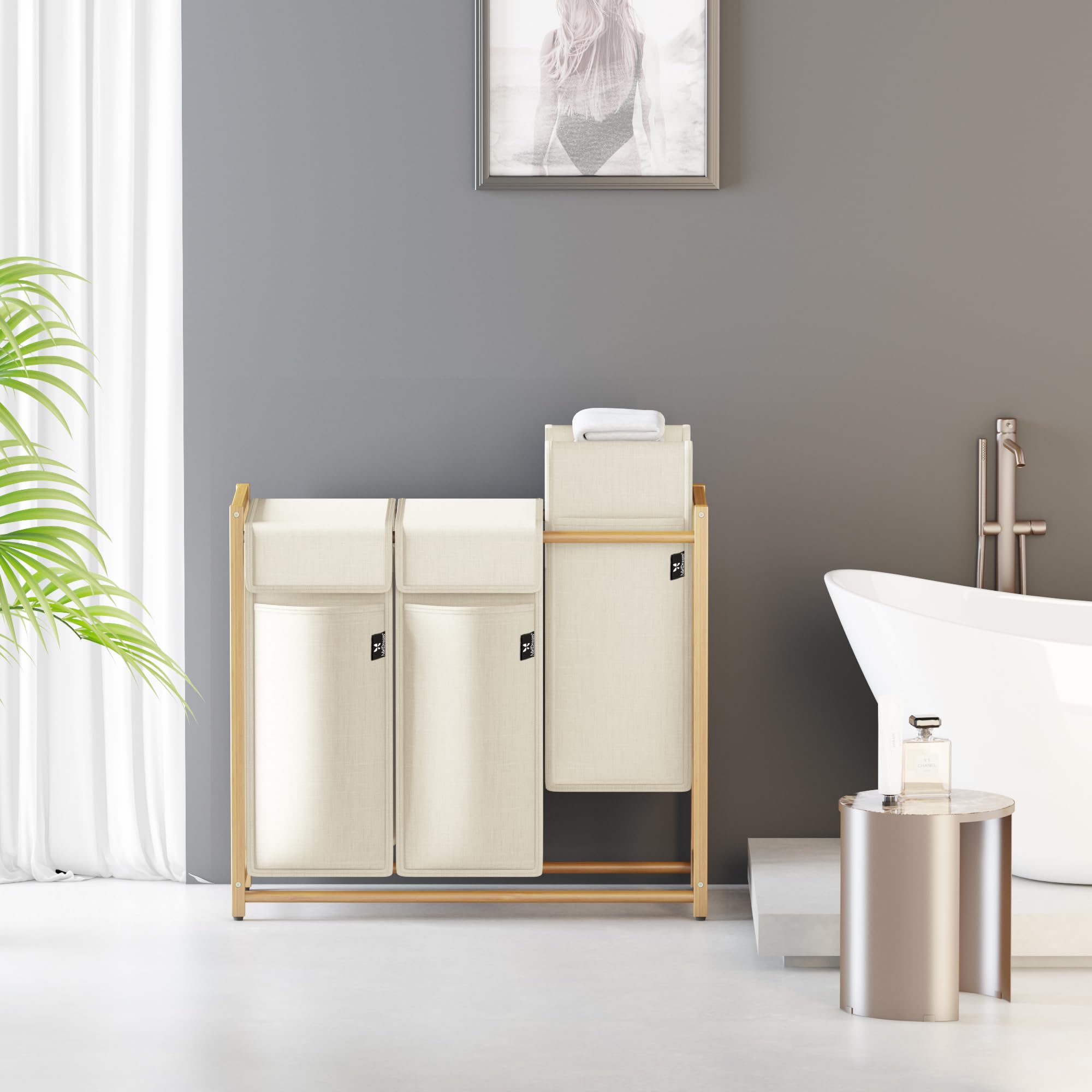 AdelDream Wäschekorb 150L, 3 Fächer Wäschesammler, Bambusrahmen | Wäschesortierer 3 x 50L, abnehmbarer Sack, atmungsaktiv, Beige