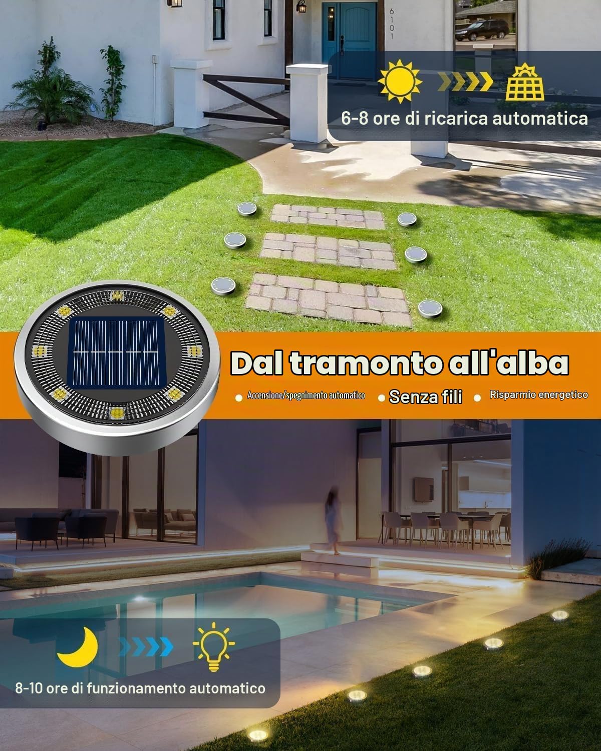 btfarm 10 Pezzi Luci Solari da Giardino, 8 LED Faretti Sepolta Solari a Led da Esterno, Lampade Solare da Terra IP65 Impermeabile per Cortile Prato Vialetto Scala Strade Paesaggio, Bianco Caldo