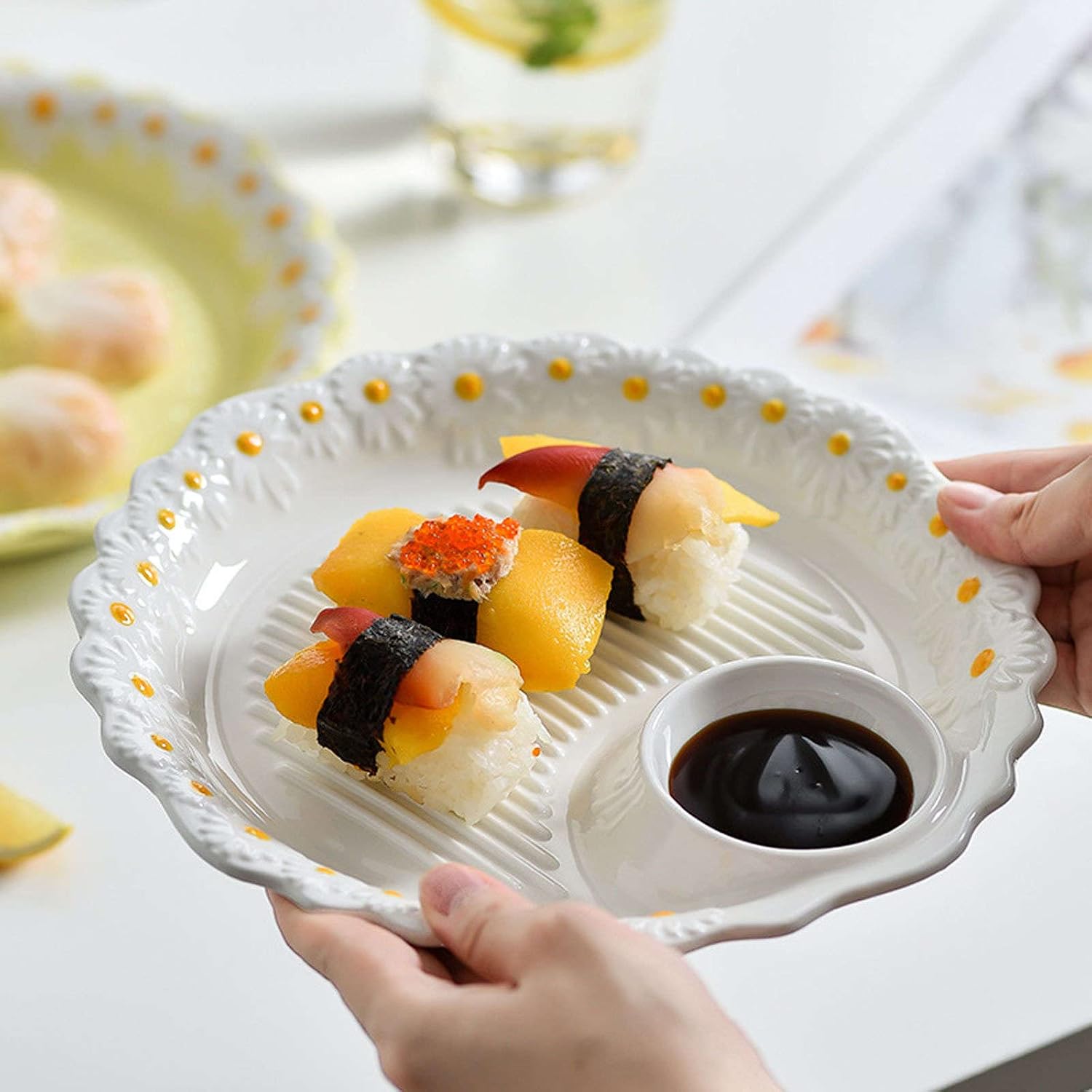 ramen bowl set,fruit bowl,ramen bowl,large serving bowls,Little Daisy Serving Platter for Chip and Dip Set,Serving Bowl Set of 2 for Entertaining,White Serving Platter and Dish-white-10" ( Color : Yel