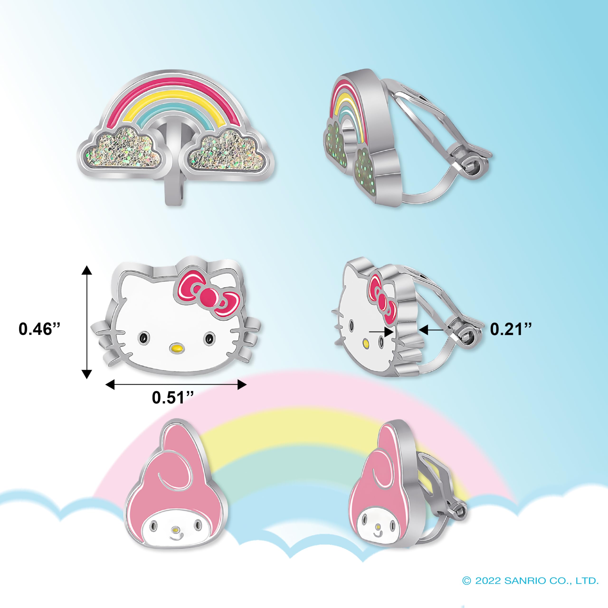 Sanrio Hello Kitty and Friends Clip On Earrings 3-Pack Official License - Rainbow, My Melody and Hello Kitty Earrings