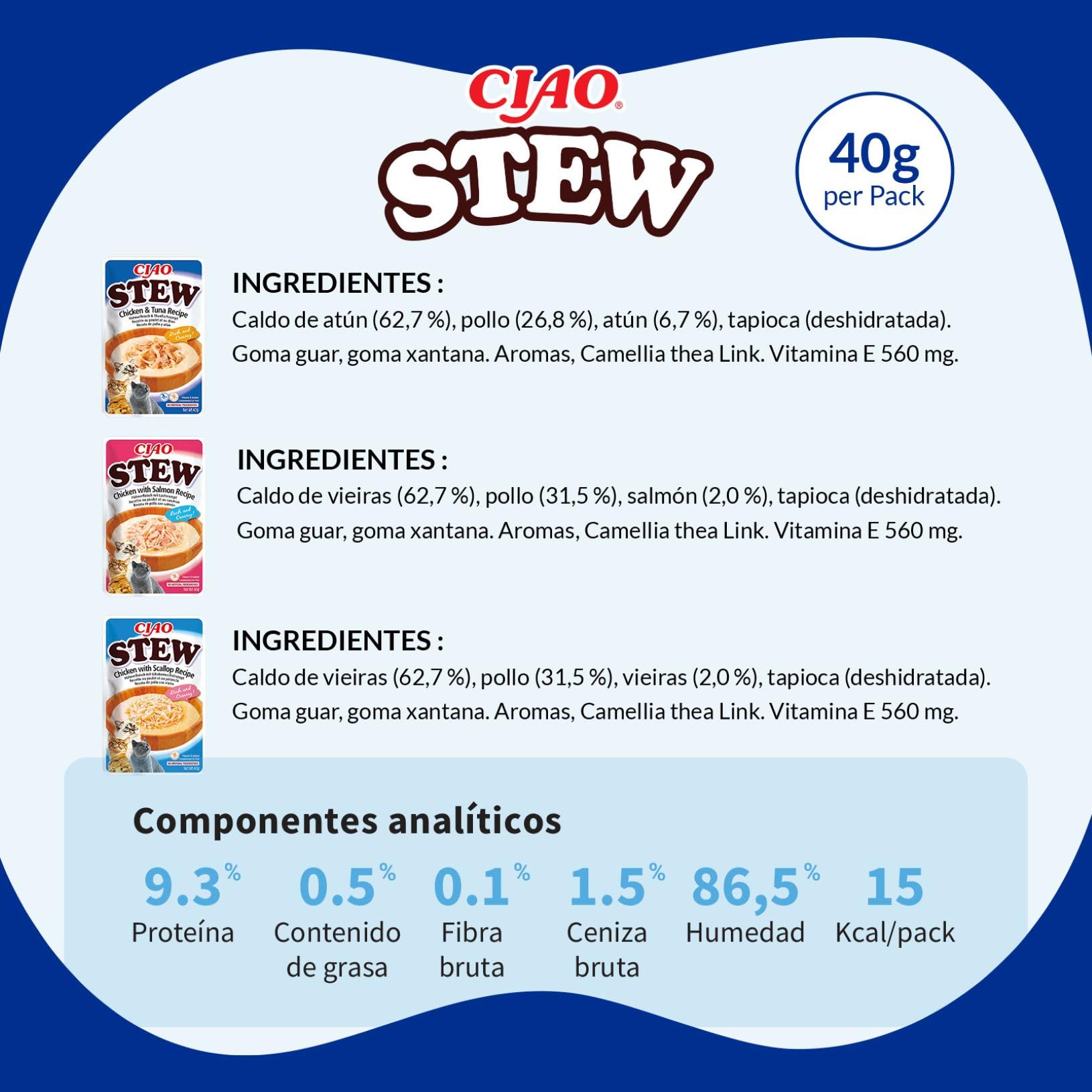 INABA Ciao Stew Gatos - Receta Saludable de Estofado Cremoso con Pollo, Atún y Salmón - Comida Húmeda con Tiras de Pollo - Alimento Natural sin Cereales - 960g (24 Sobres x 40g)