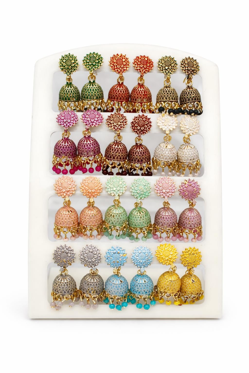Premium Multicolor Traditional Floral Jhumka Earrings Set | Trendy Oxidised & Enamel Coated Jhumki Combo for Women & Girls | Wedding, Jewellery Collection (Pack of 12 Pairs)-image-39