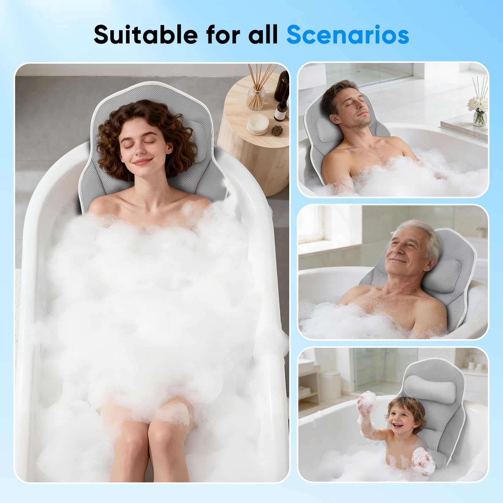 Badewannenkissen Ganzkörper 131 * 38cm, Badekissen mit Kopfstütze und Abnehmbares Taillenkissen, Kissen für Badewanne mit Hängehaken, Unterstützt Nacken Rücken, Schnelltrocknend, Hautfreundlich(Grau)
