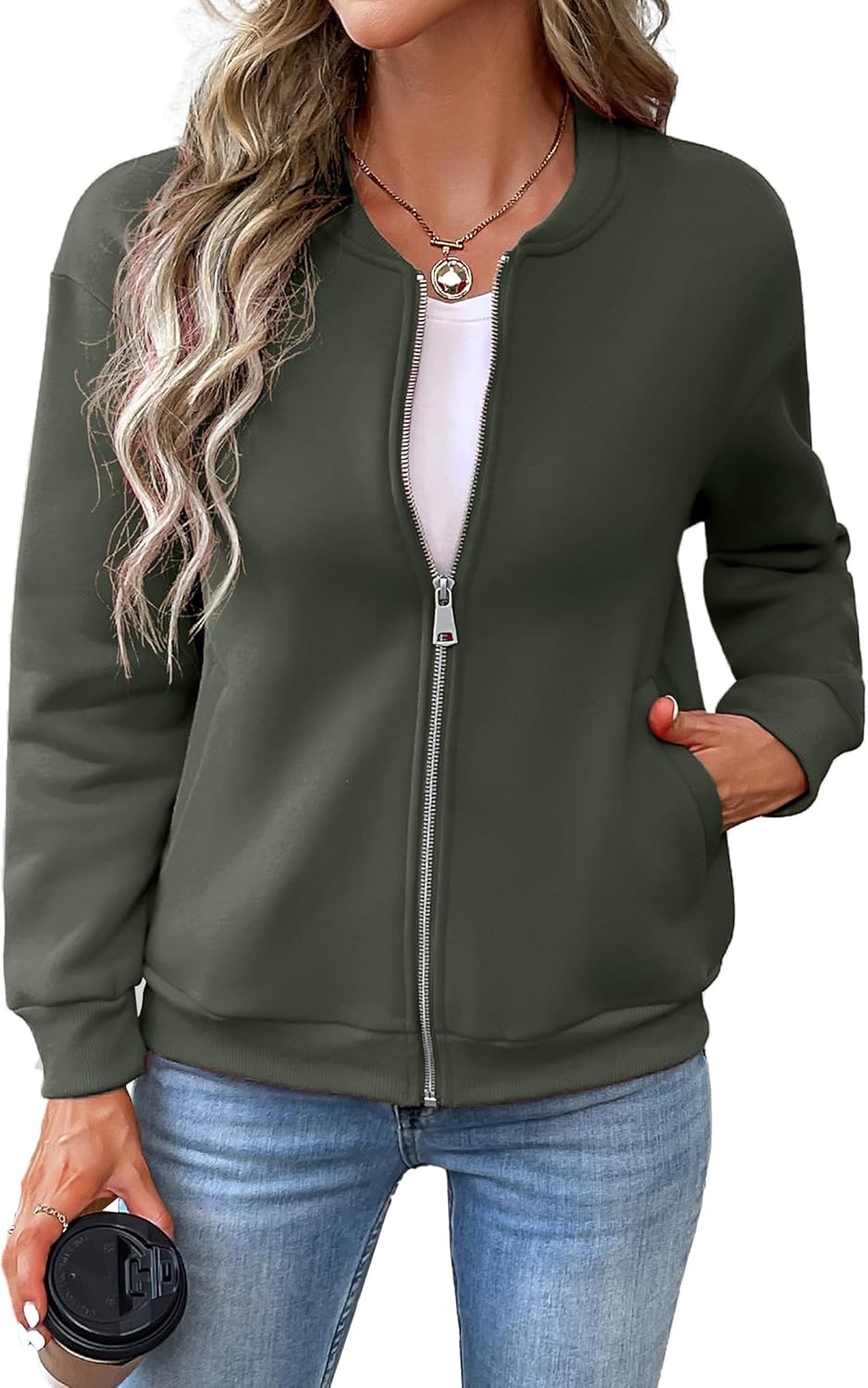 Women’s Zip Up Sweatshirts Jackets Long Sleeve Bomber Jacket Casual Outwear with Pockets
