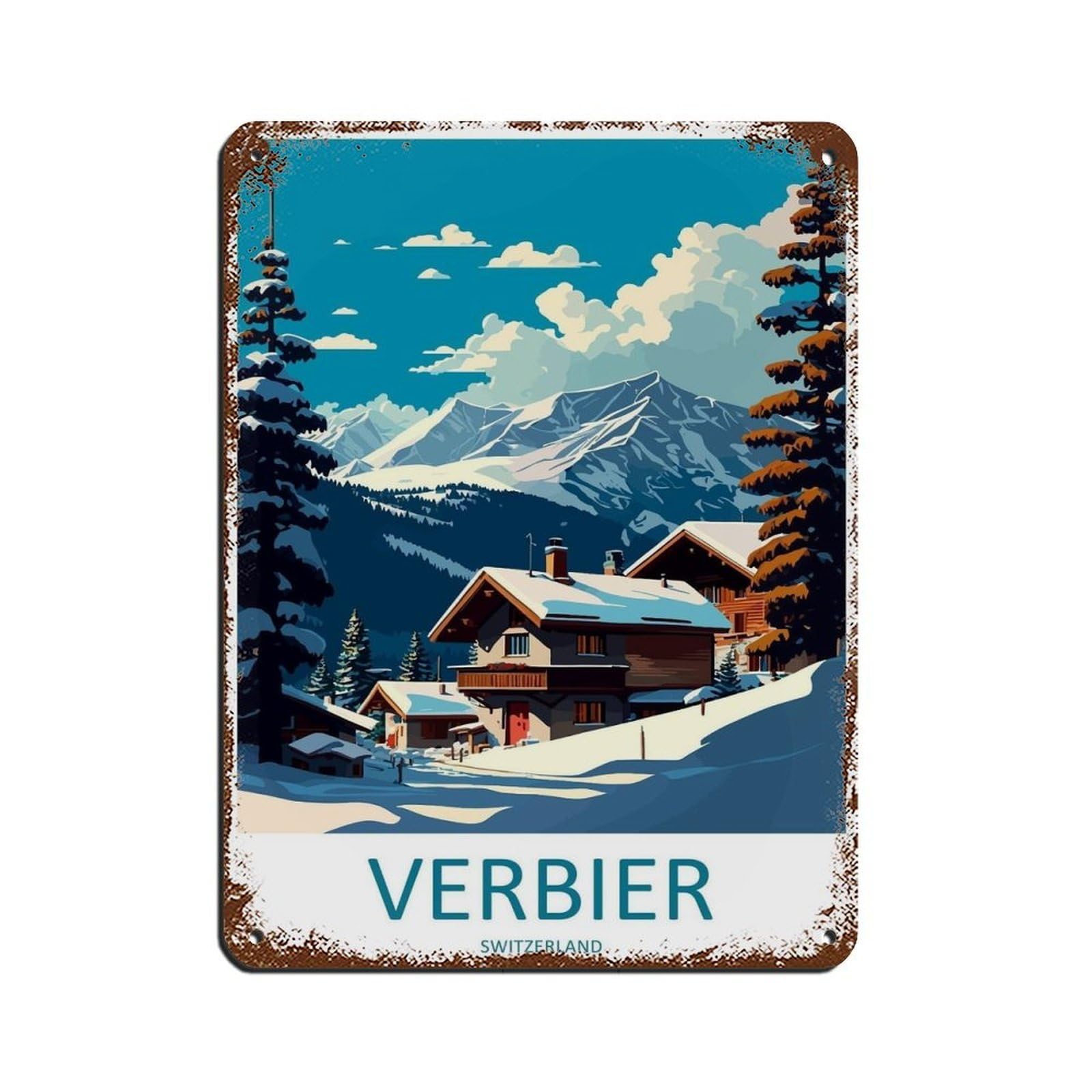 Verbier Travel Art Ski Art Lover Gift Retro Poster Metal Tin Sign Chic Art Retro Iron Painting Bar People Cave Cafe Family Garage Poster Wall Decoration 12x16inch(30x40cm)