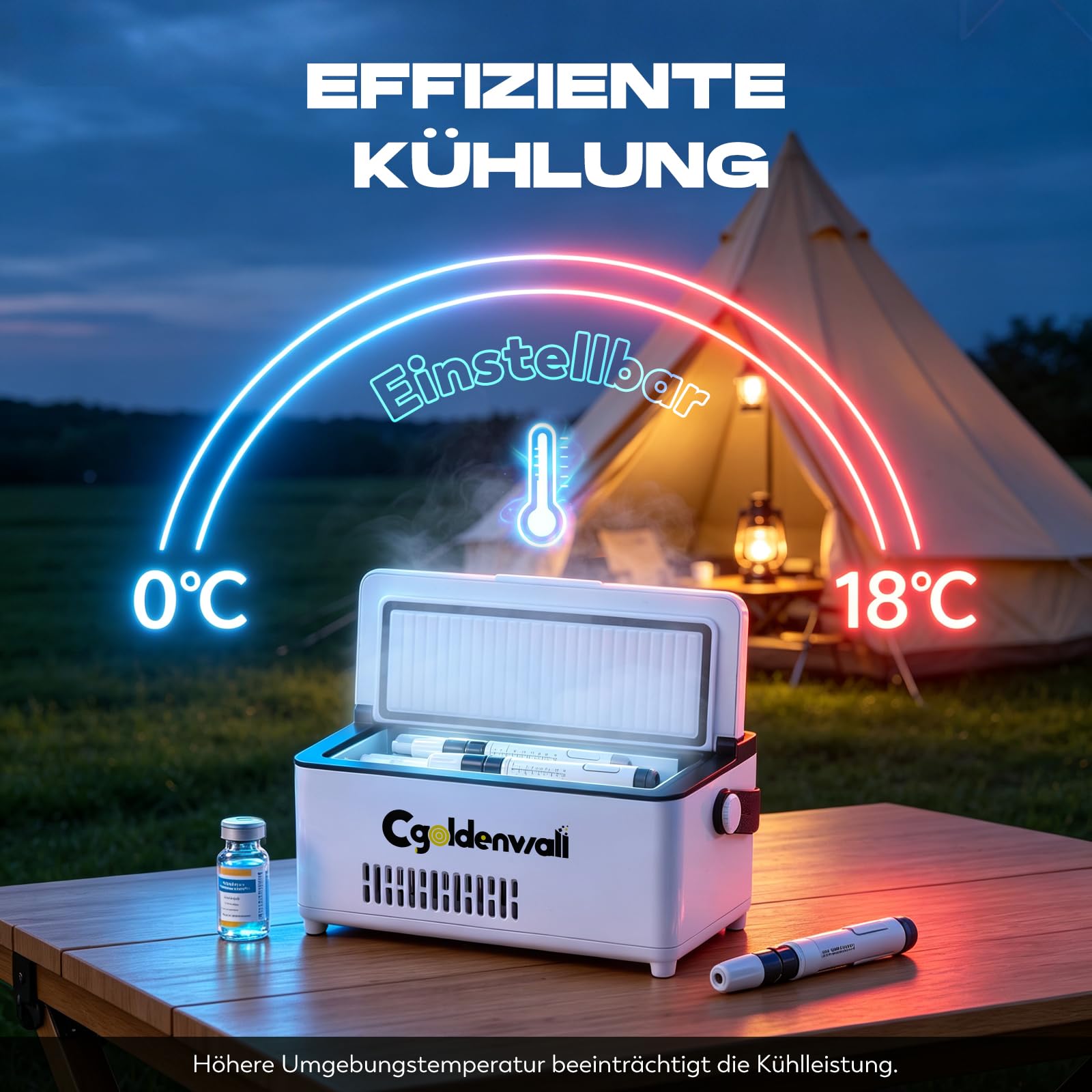 CGOLDENWALL Insulin Kühlbox Elektrisch, 0-18℃ Einstellbar, 2 Akkus (12-14h) | USB-C, 3 Stromquellen, Kompakt & Tragbar, für 3–5 Stifte, TSA-Geprüft, für Zuhause, Tägliches Pendeln, Reisen und Flüge