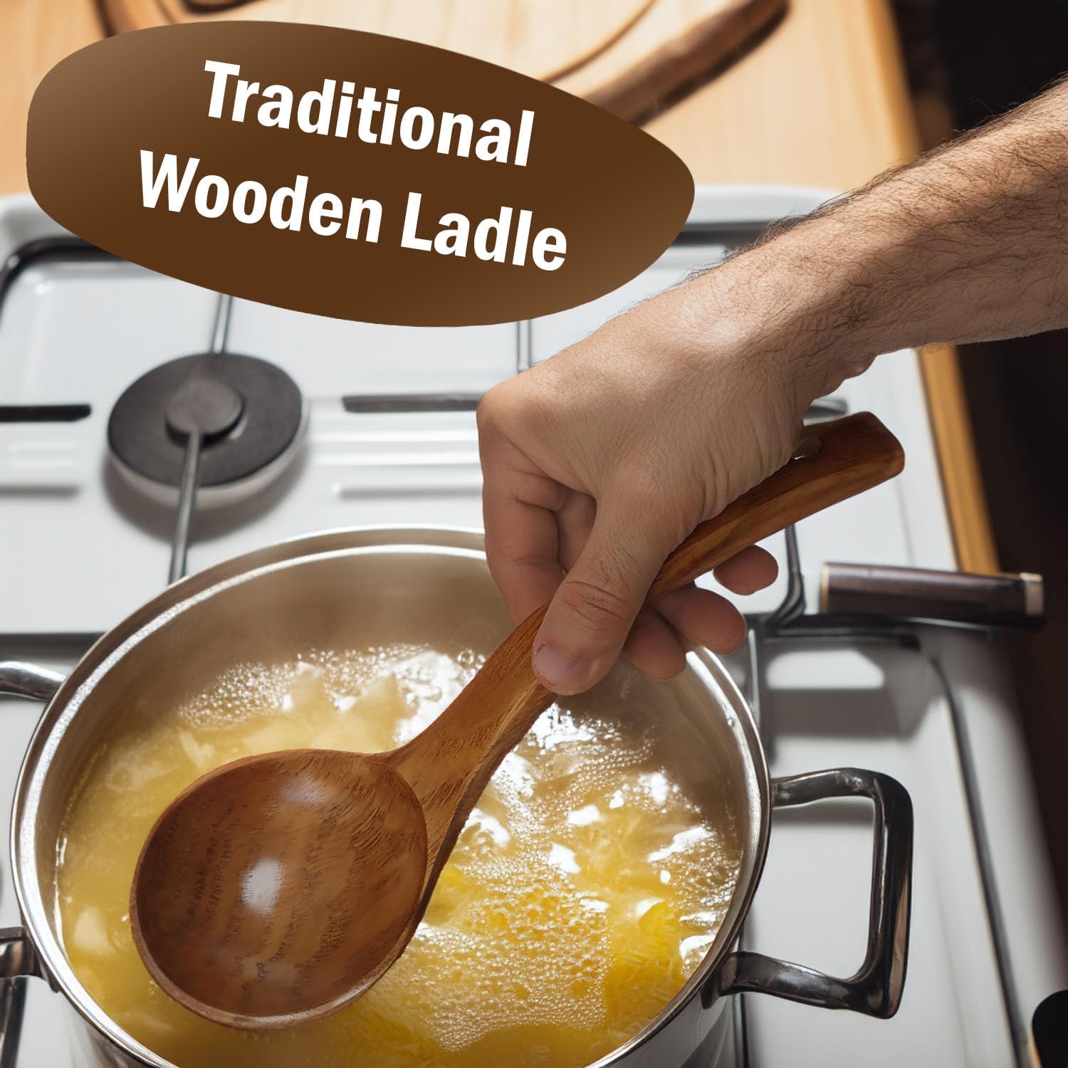 Wooden Ladle for Soup, Long Handle Wood Ladle Spoon Large Wooden Soup Ladel Cooking & Serving Spoon Utensils for Kitchen Cookware