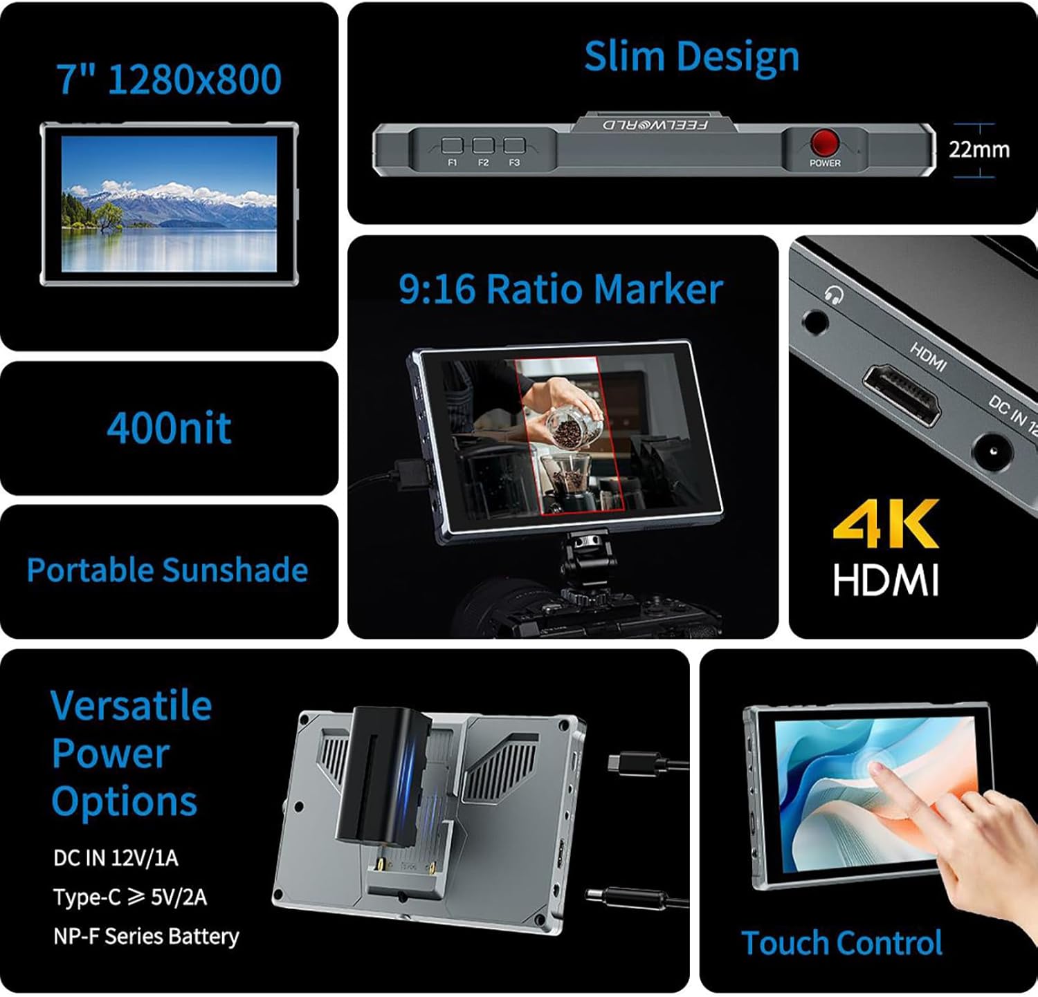 Collage image showing the slim design, 9:16 ratio marker, 4K HDMI port, versatile power options (DC IN 12V, Type-C 5V, NP-F battery), and touch control features of the FEELWORLD FW759 PRO monitor.
