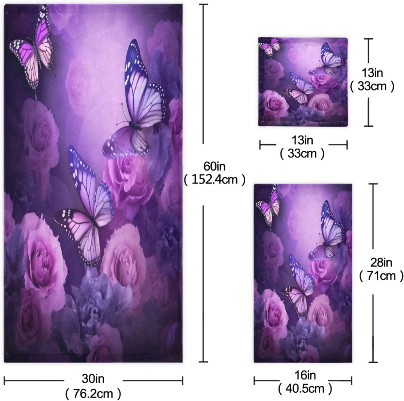 YETTASBIN Purple Butterfly Towel Set of 3, Highly Absorbent Soft Towels with Bath Towel, Hand Towel and Washcloth for Bathroom Hotel Gym Spa