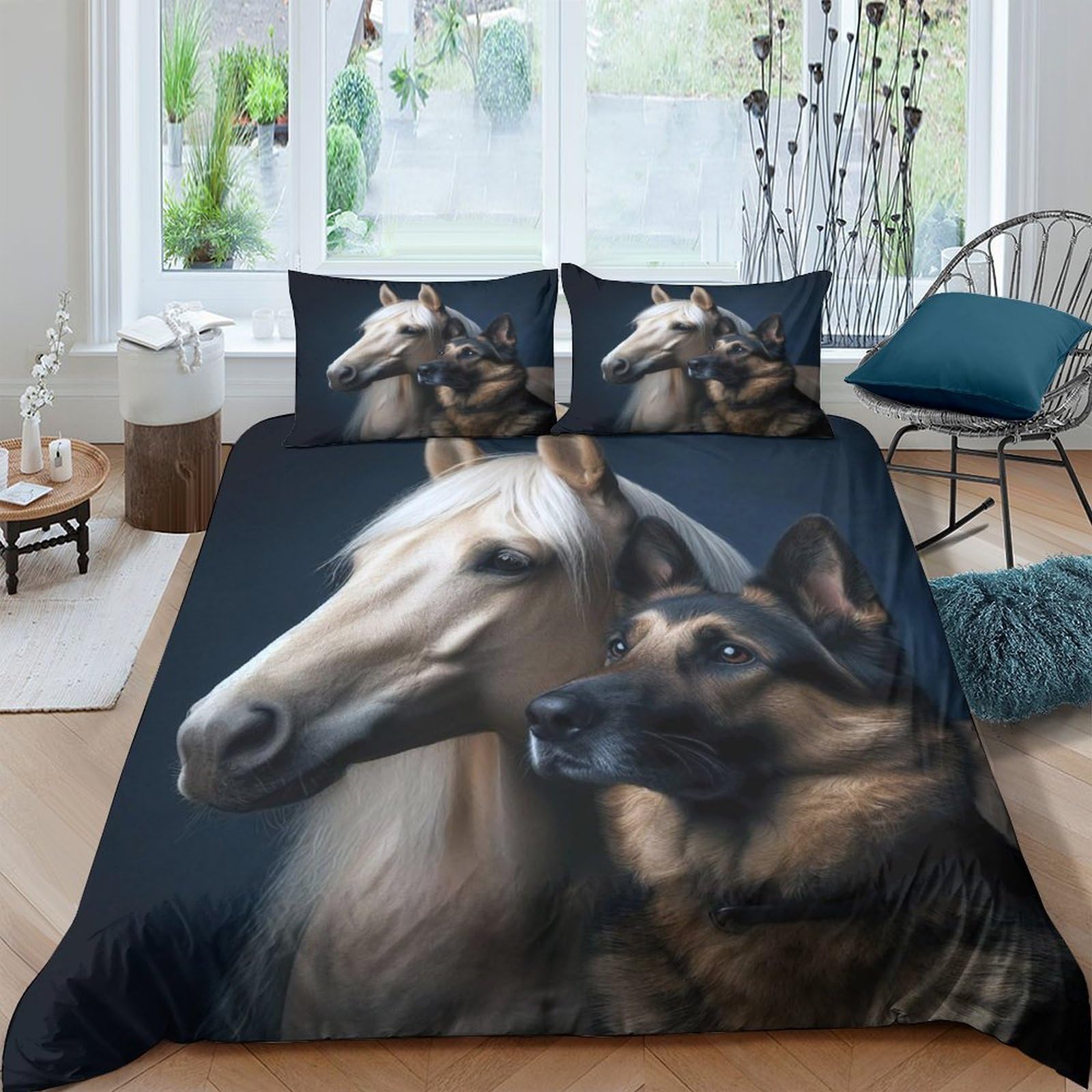 Ctjqhvkz Style-8 3D Printed Horse And German Shepherd Fitted Sheet Microfiber Bedroom Decor Bed Cover Anti-Slip Machine Washable Single（135X200cm）