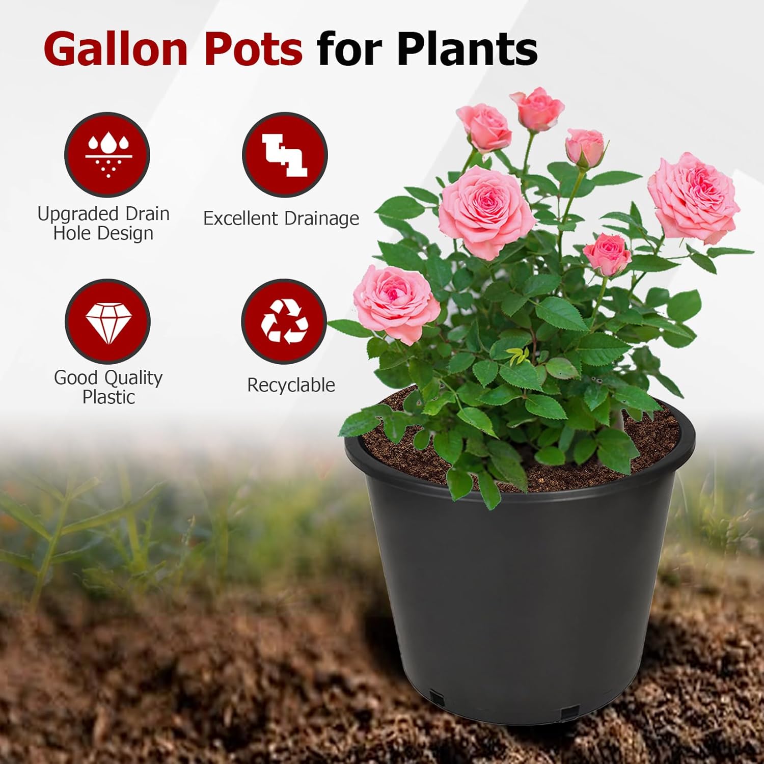 findmall 1/2/3/5/7/10/15 Gallon Pots for Plants, 7 Gallon Premium Nursery Plastic Planter Flower Herb Vegetable Garden Grow Pots with Drainage Holes for Outdoor and Indoor Use, Black, 10 Pack