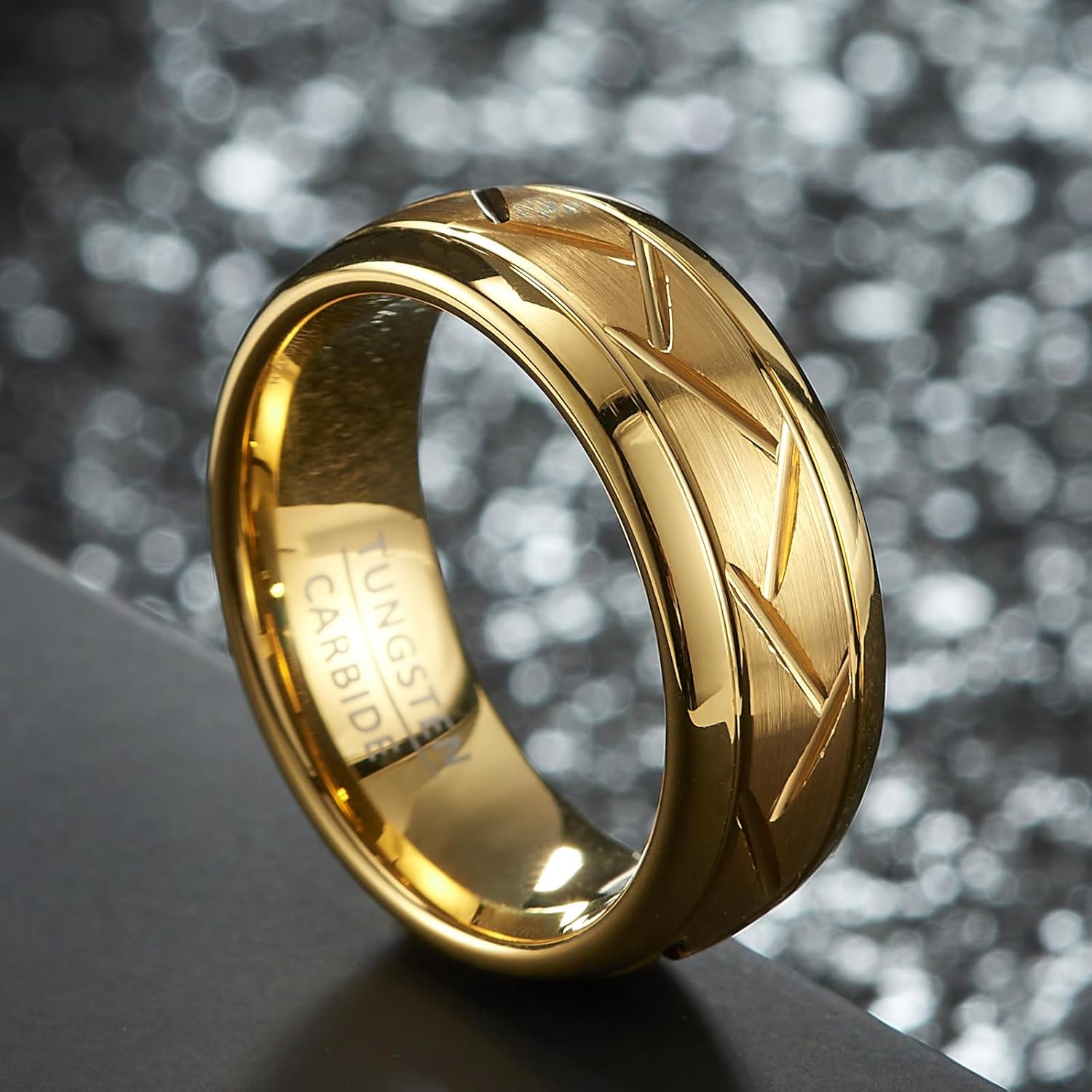 Men's Tungsten Wedding Band, 8mm Wide Chevron Pattern, Industrial Satin Finish - Image 4