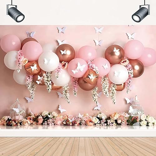 Miniatura 5 de Telón de fondo para bebé recién nacido, 1er cumpleaños, globo rosa, mariposa, telón de fondo para baby shower, retrato de fotografía, telón de fondo