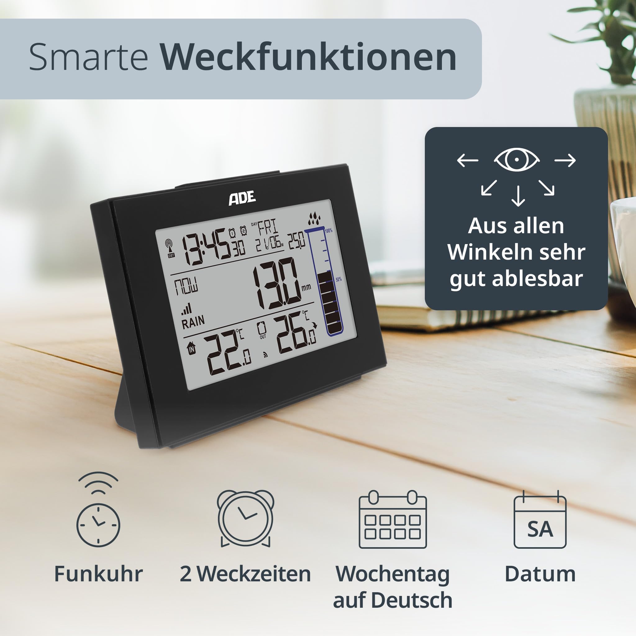 ADE Digitaler Regenmesser frostsicher mit Wetterstation | Funk-Außenthermometer für den Garten | Innenthermometer | Funkwecker mit 2 Weckzeiten | mit Datumsanzeige | inkl. Batterien