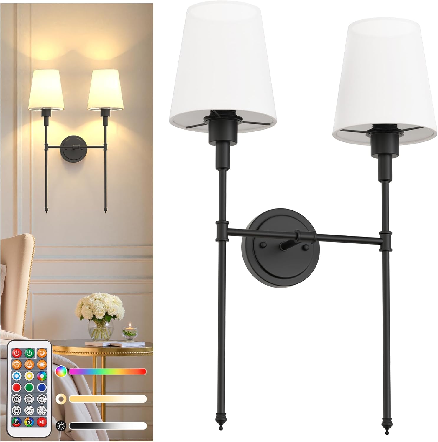 DORESshop 2-Lights Battery Operated Wall Sconce, Wall Light Wireless Easy to Install Remote Control, Dimmable Sconces Wall Decor Rechargeable Wall Lamp for Bedroom, Living Room, Gold (1 Pack)