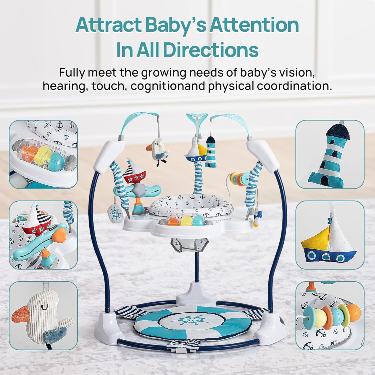 LADIDA Stationäres Aktivitätszentrum für Babys, Babywippe, springend, 360 °, mit Musikspielzeug und verstellbaren Höhen (Marineblau)