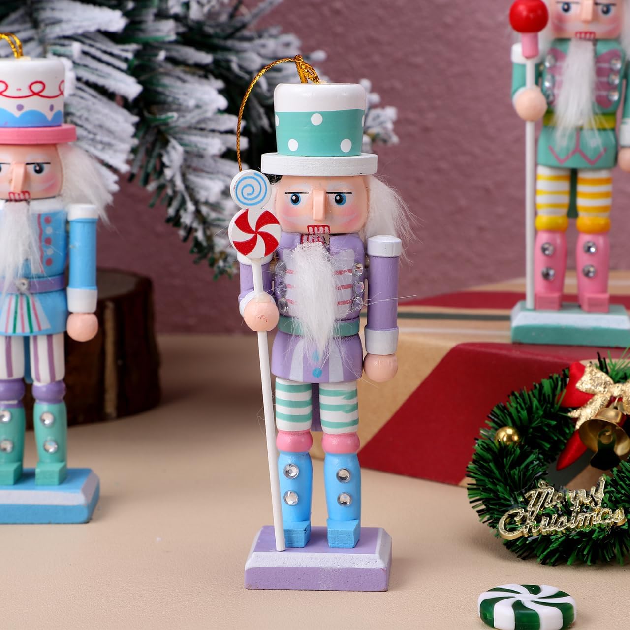 Amosfun 4pcs Wooden Nutcrackers Ornaments - 12cm Tall Soldier Nutcracker Figurines Pastel Nutcracker Tree Hanging Ornament - Image 5