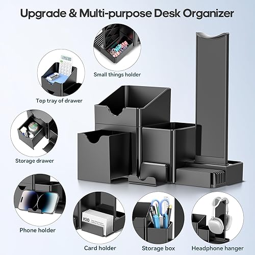 Miniatura 3 de KDD Organizador de bolígrafos con soporte para auriculares, soporte para lápices para escritorio con cajón y tarjetero, juego organizador de