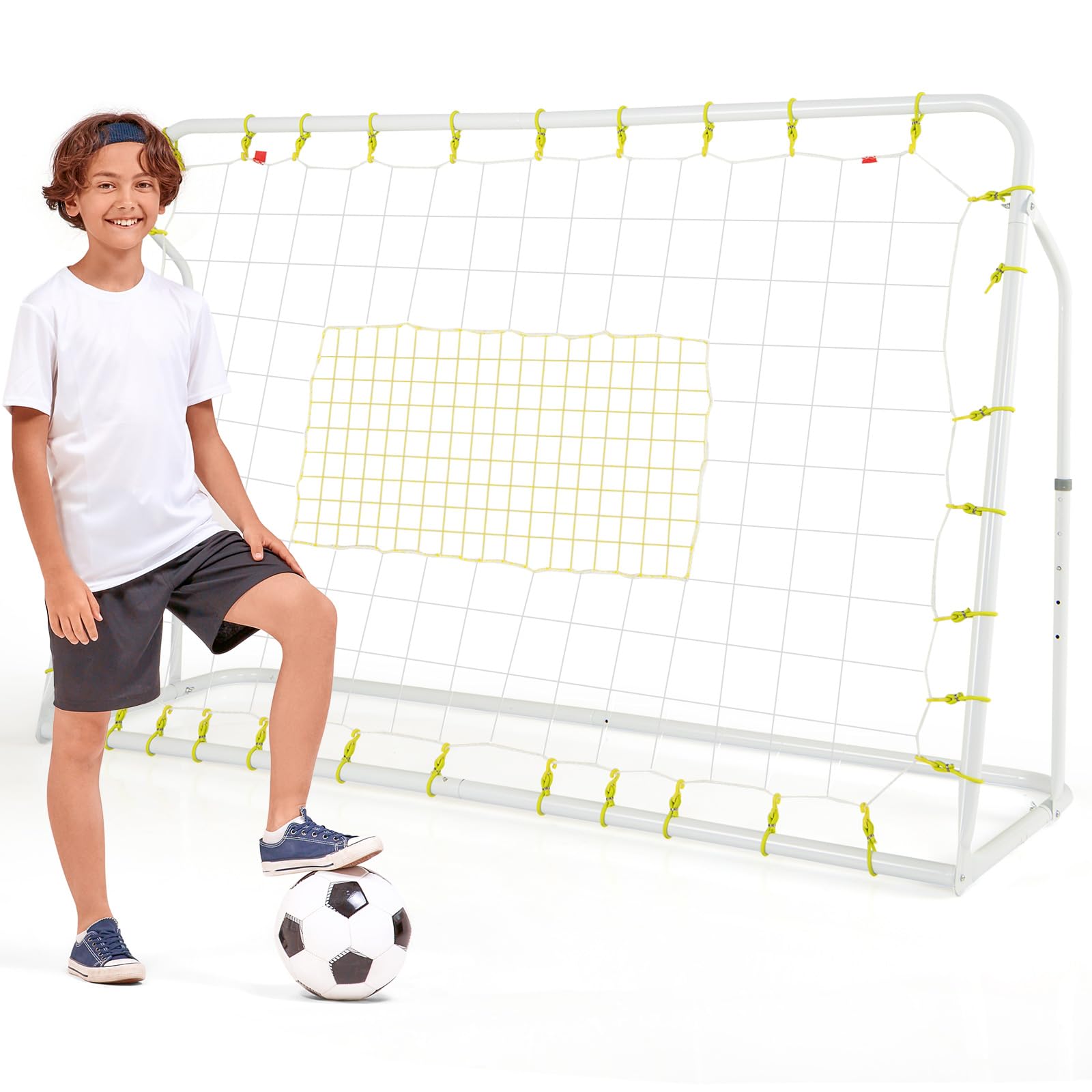 Esta Red de Rebote de fútbol 2 en 1, de 1,8 m x 1,2 m, es un Equipo de Entrenamiento de fútbol con 5 ángulos Ajustables y área Auxiliar de Tiro. Es una portería de fútbol para el entrenamien