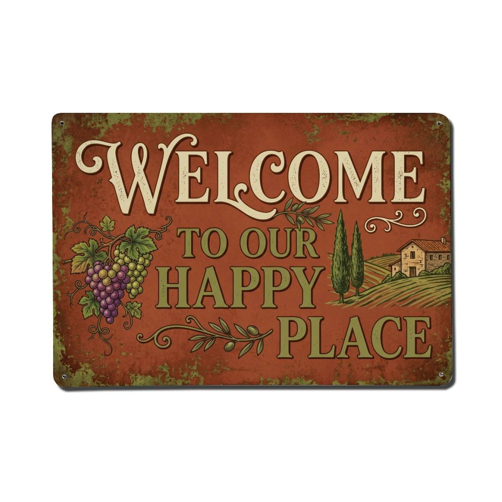 Welcome To Our Happy Place Tuscan Villa Vintage Metal Tin Sign Plaque Wall Decor for Cafe, Club, Garden Metal Poster 8x12Inch