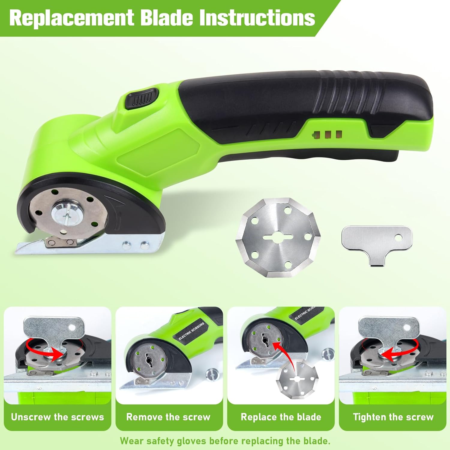 Qidejoy Cordless Cardboard Cutter Electric Scissors, Heavy Duty High-speed Rotary Box Cutter Tools for Fabric, Carpet, Paper, with 2 Blades & Gloves, 4.2V Rechargeable Battery, LED Light, Green